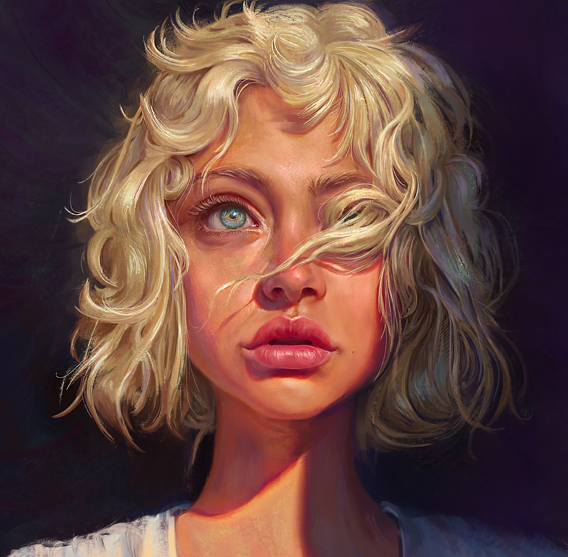 pink lipstick, drawing, women, realistic, 1080P, juicy lips, digital art, hair in face, looking into the distance, Mandy Jurgens, 2D, digital painting, HD Wallpaper