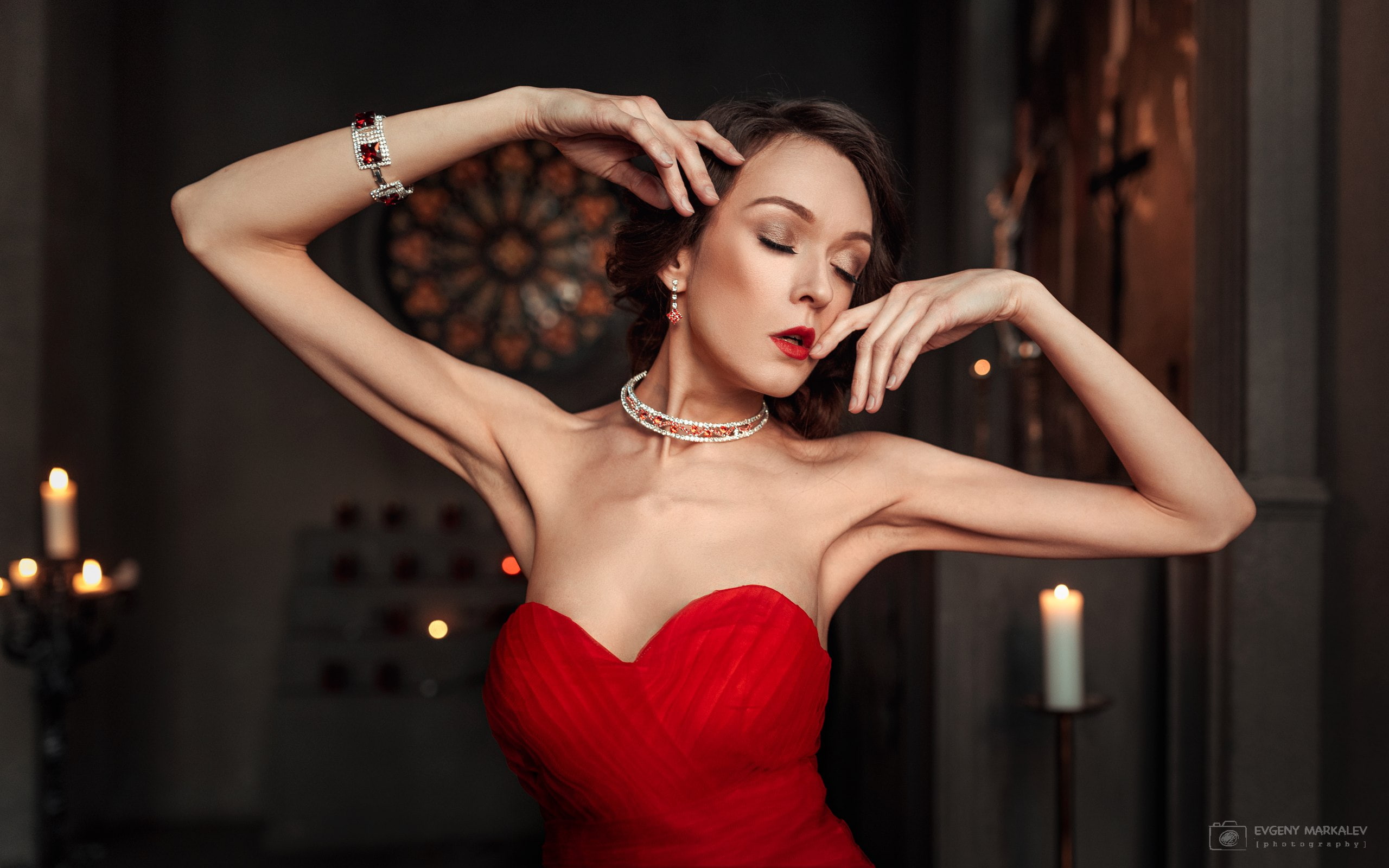 luxury, necklace, focus on foreground, waist up, arms raised, human arm, arms up, indoors, elegance, red, adult, women, Evgeny Markalev, front view, beauty, HD Wallpaper