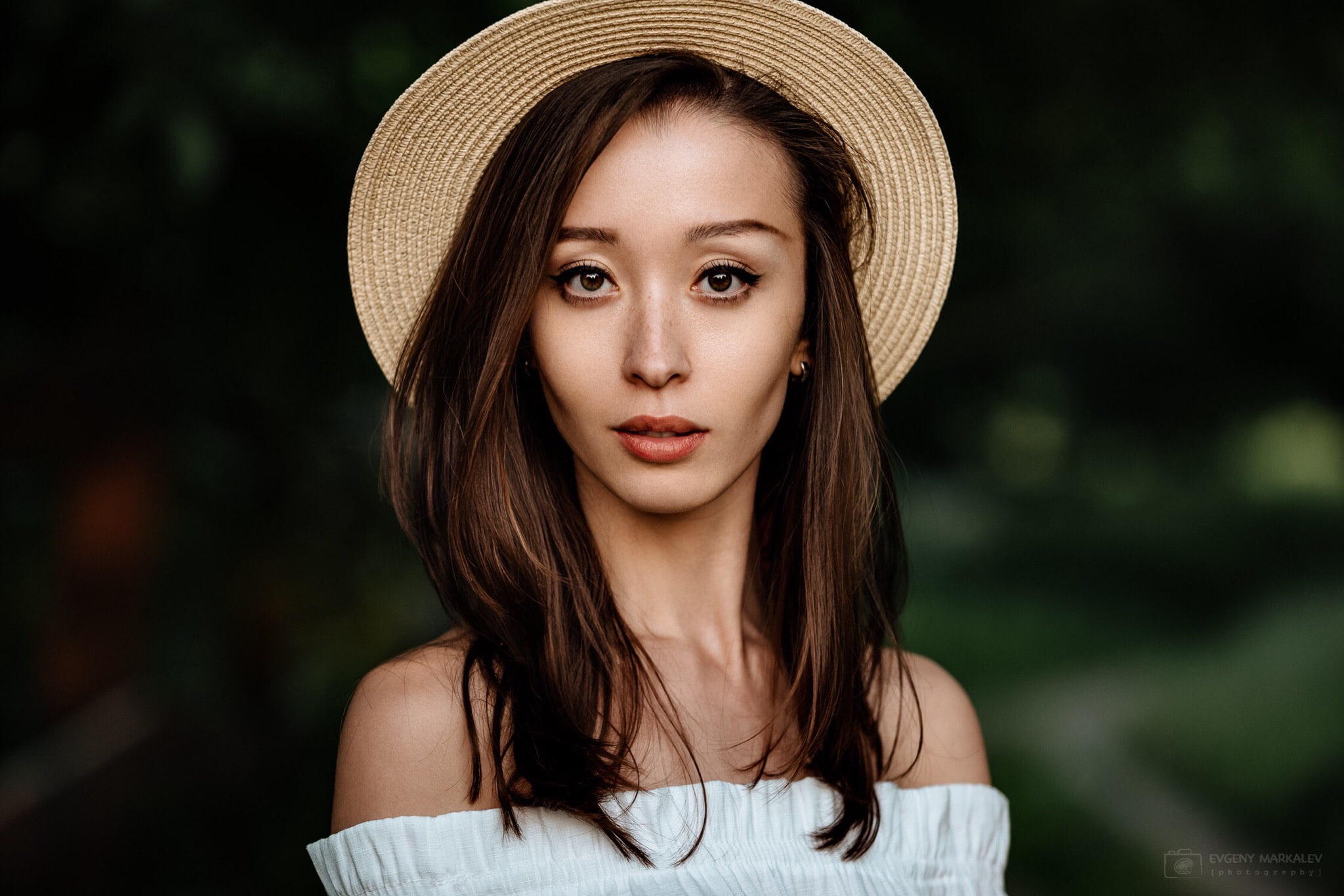 earring, white clothing, bare shoulders, Evgeny Markalev, looking at viewer, outdoors, women, model, face, women outdoors, hat, portrait, depth of field, HD Wallpaper