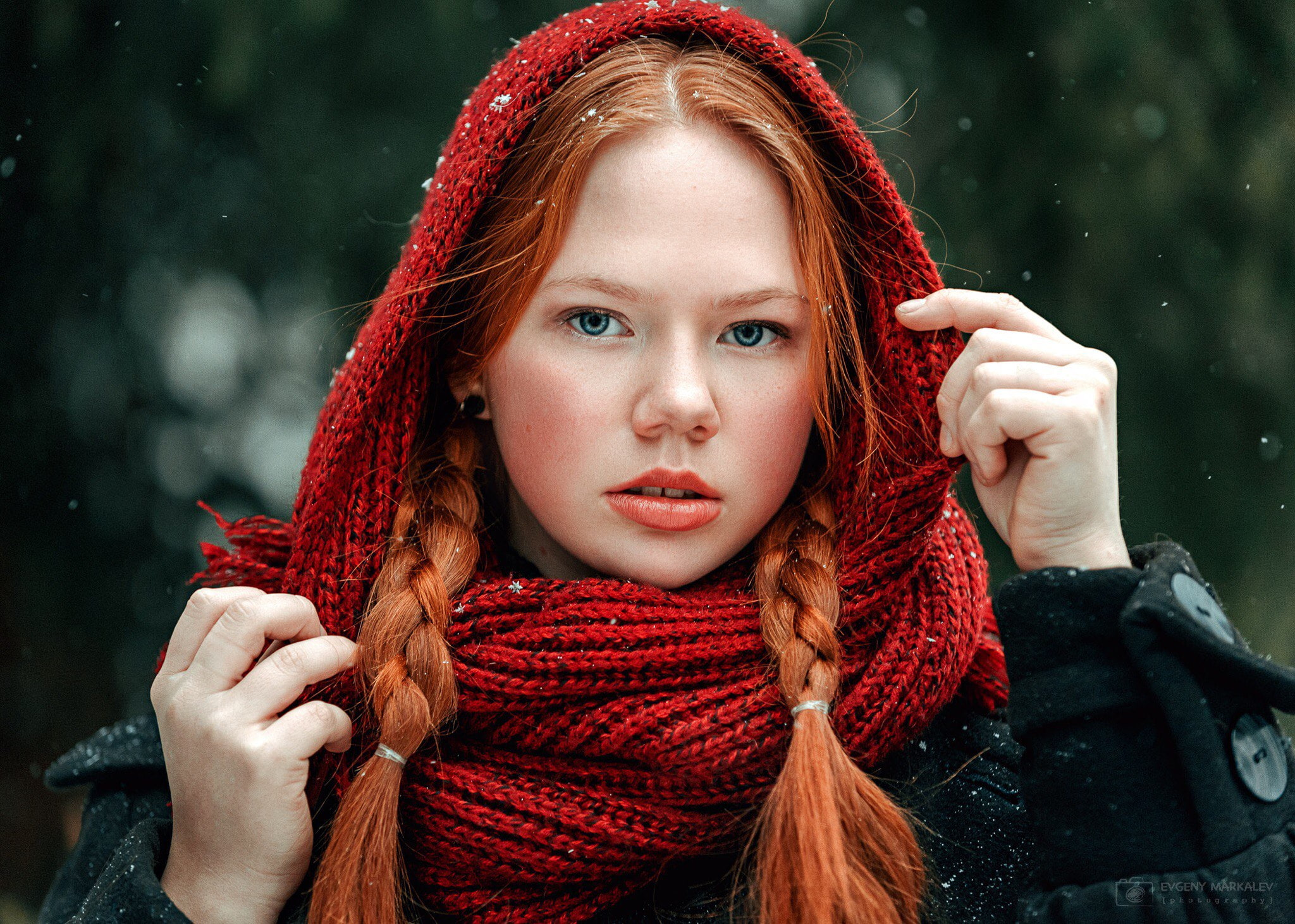 redhead, blue eyes, 1080P, scarf, women outdoors, women, braids, Russian women, Evgeny Markalev, Angelina Korovinskaja, face, HD Wallpaper