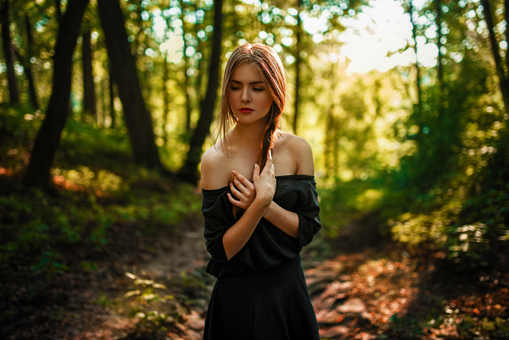 one person, Pigtail, Hair, focus on foreground, shoulder, standing, outdoors, beautiful woman, plant, woodland, adult, front view, three quarter length, HD Wallpaper