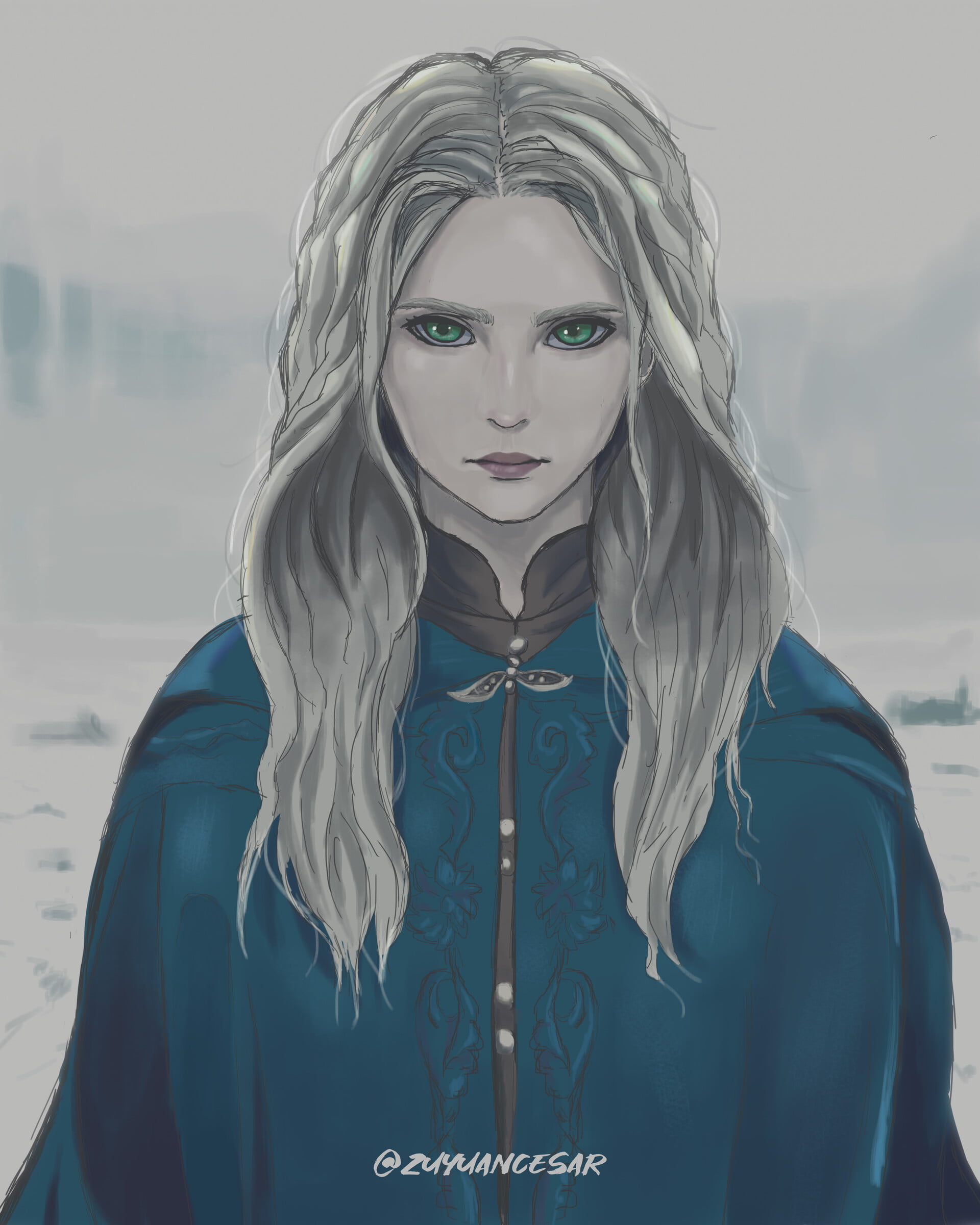 snow, green eyes, fan art, Lion Cub of Cintra, white hair, The Witcher, 1080P, cape, The Witcher 3: Wild Hunt, Cirilla Fiona Elen Riannon, The Witcher (TV Series), Phone HD Wallpaper