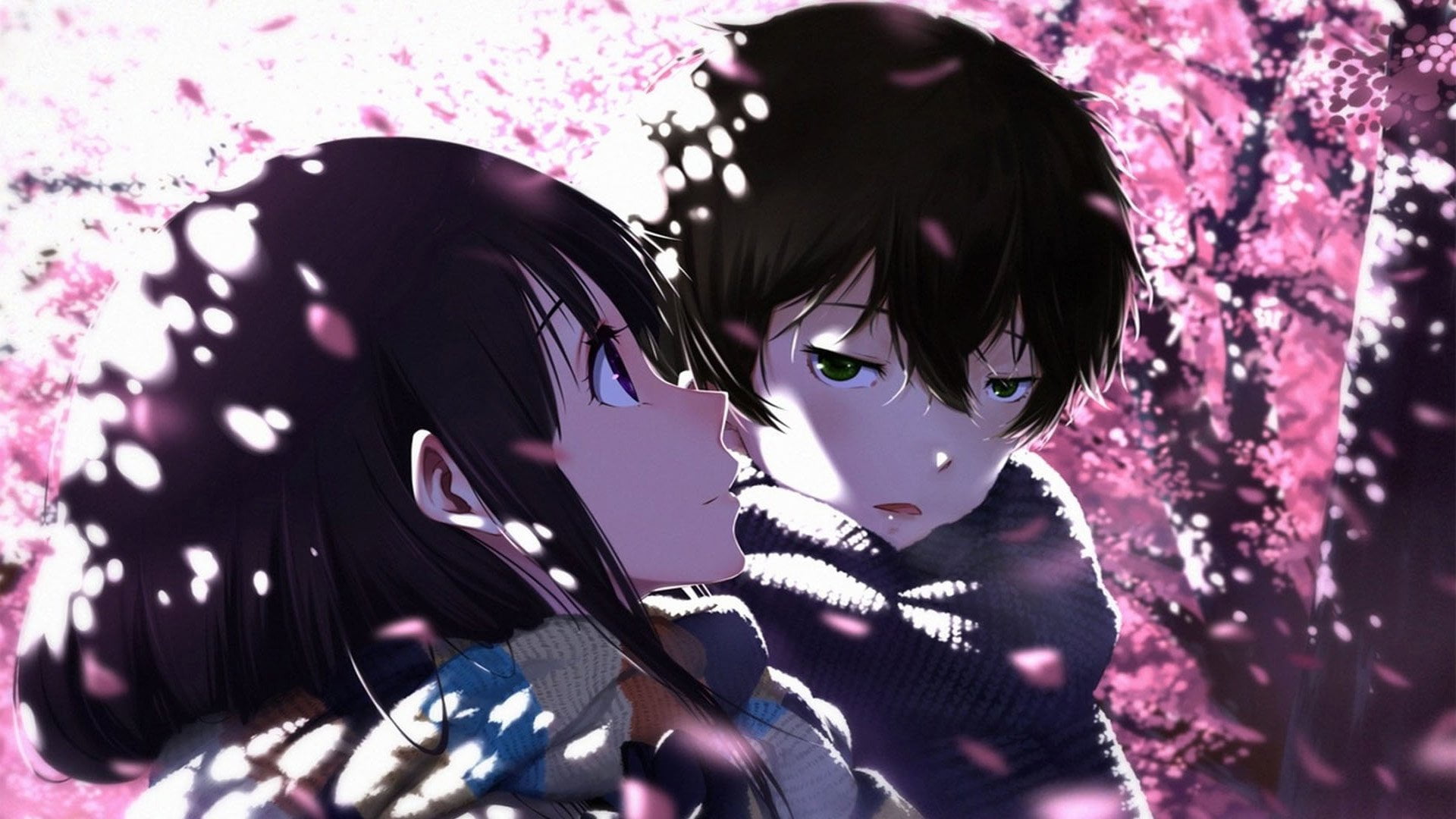 Anime, disguise, mid adult, Eru Chitanda, Hōtarō Oreki, close-up, celebration, plant, purple, headshot, indoors, Hyouka, 1080P, nature, adult, mask - disguise, HD Wallpaper
