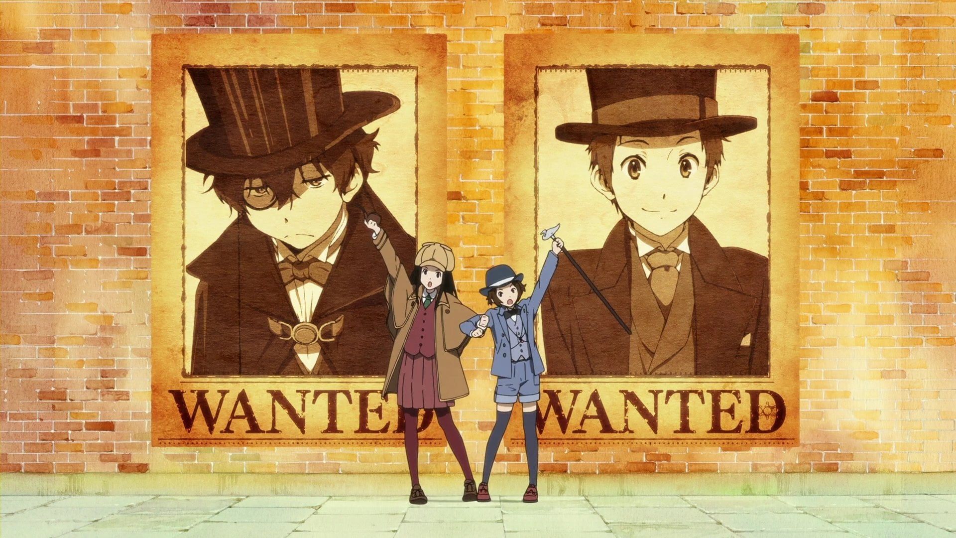 Detective, Mayaka Ibara, people, brick wall, Anime, Eru Chitanda, front view, 1080P, Hyouka, Hōtarō Oreki, representation, creativity, clothing, art and craft, HD Wallpaper