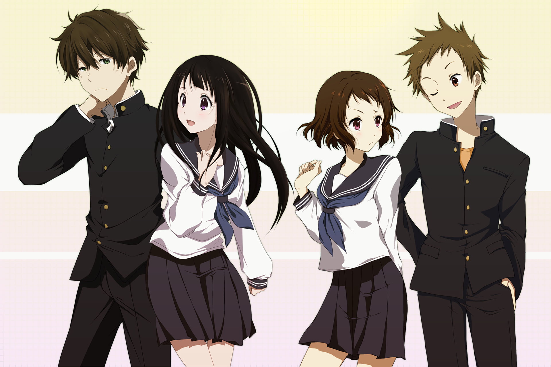 portrait, teenager, looking at camera, three people, hairstyle, Eru Chitanda, three quarter length, Hōtarō Oreki, young adult, leisure activity, front view, HD Wallpaper