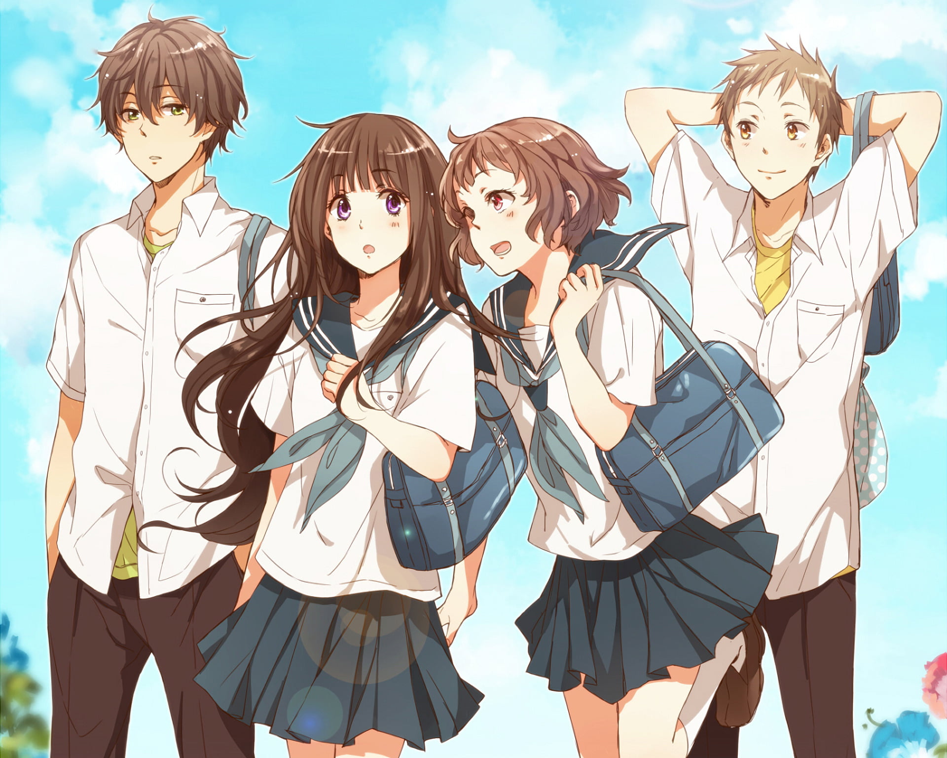 adult, Hōtarō Oreki, girls, young women, beautiful woman, three quarter length, emotion, females, Eru Chitanda, people, 1080P, togetherness, Anime, looking at camera, HD Wallpaper