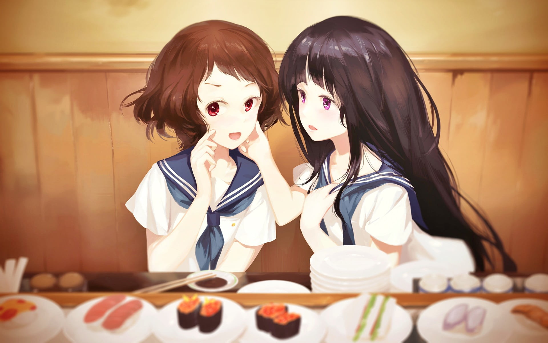 anime, girls, portrait, sister, people, home interior, two people, sweet food, females, real people, lifestyles, sweet, table, women, headshot, school uniform, HD Wallpaper