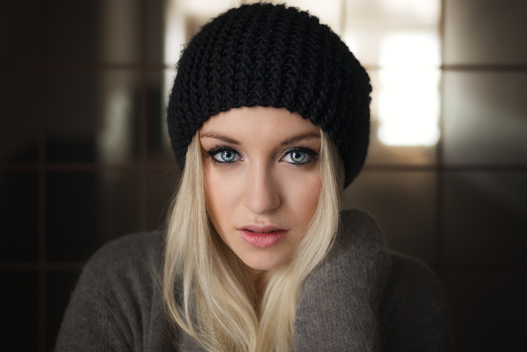 clothing, lips, headshot, one person, young adult, indoors, looking at camera, blonde, knit hat, women, hair, hairstyle, blue eyes, real people, front view, HD Wallpaper