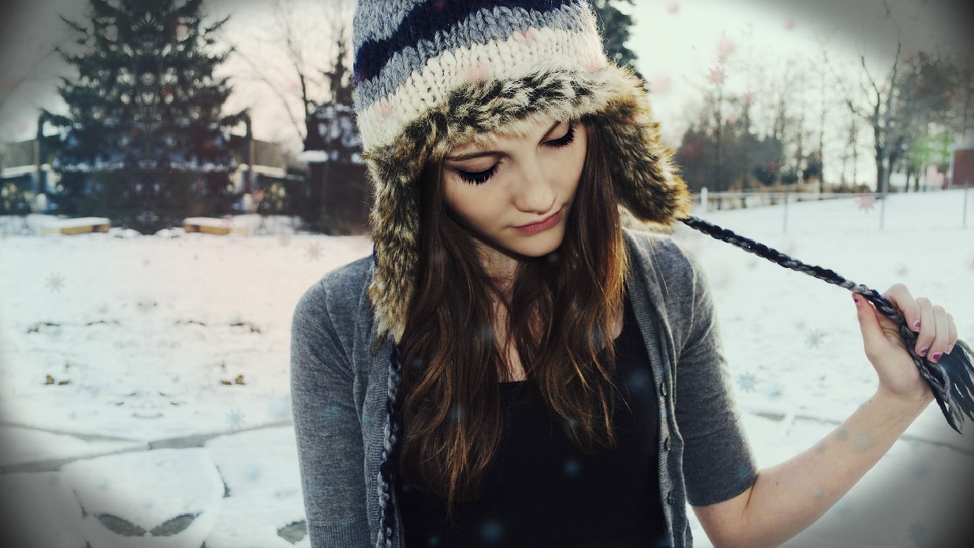 1080P, hat, snow, women, winter, brunette, model, knit hat, face, HD Wallpaper