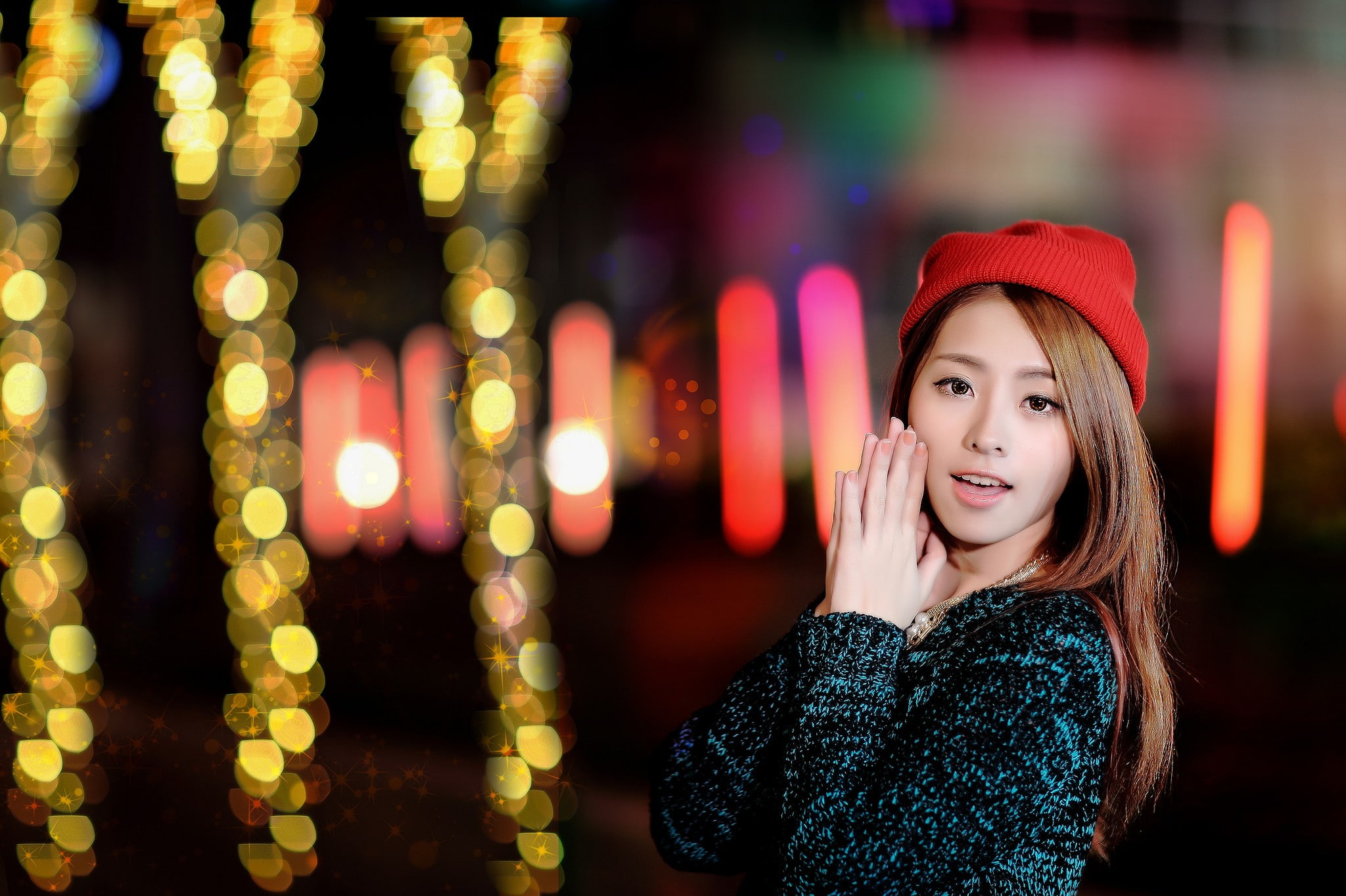 front view, beautiful woman, lights, Asian, long hair, clothing, happiness, 1080P, leisure activity, young women, knit hat, looking at viewer, portrait, HD Wallpaper