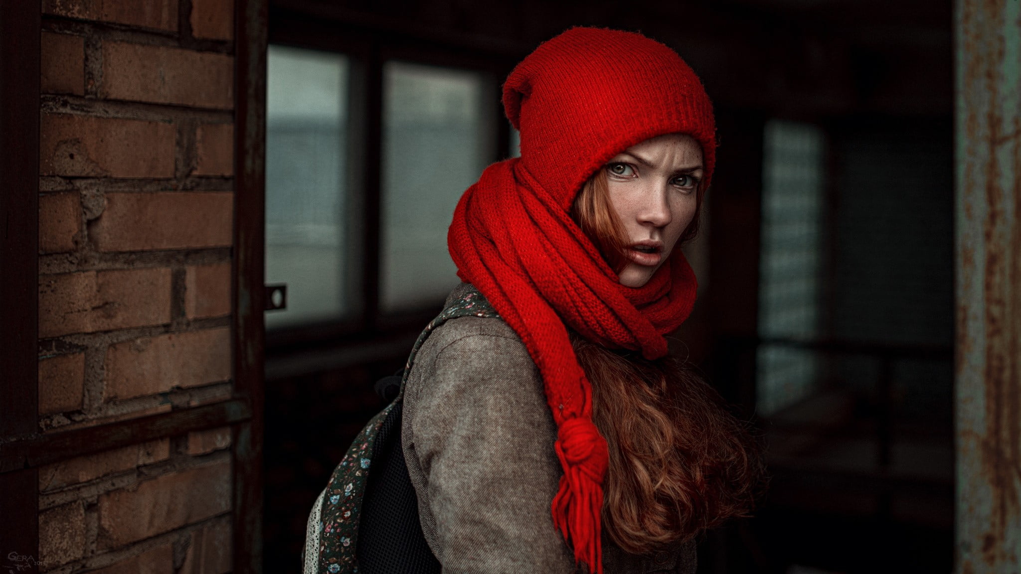 architecture, portrait, sweater, Oksana Butovskaya, 1080P, lifestyles, brick, woolly hat, adult, cold temperature, city, social issues, scarf, hat, redhead, HD Wallpaper
