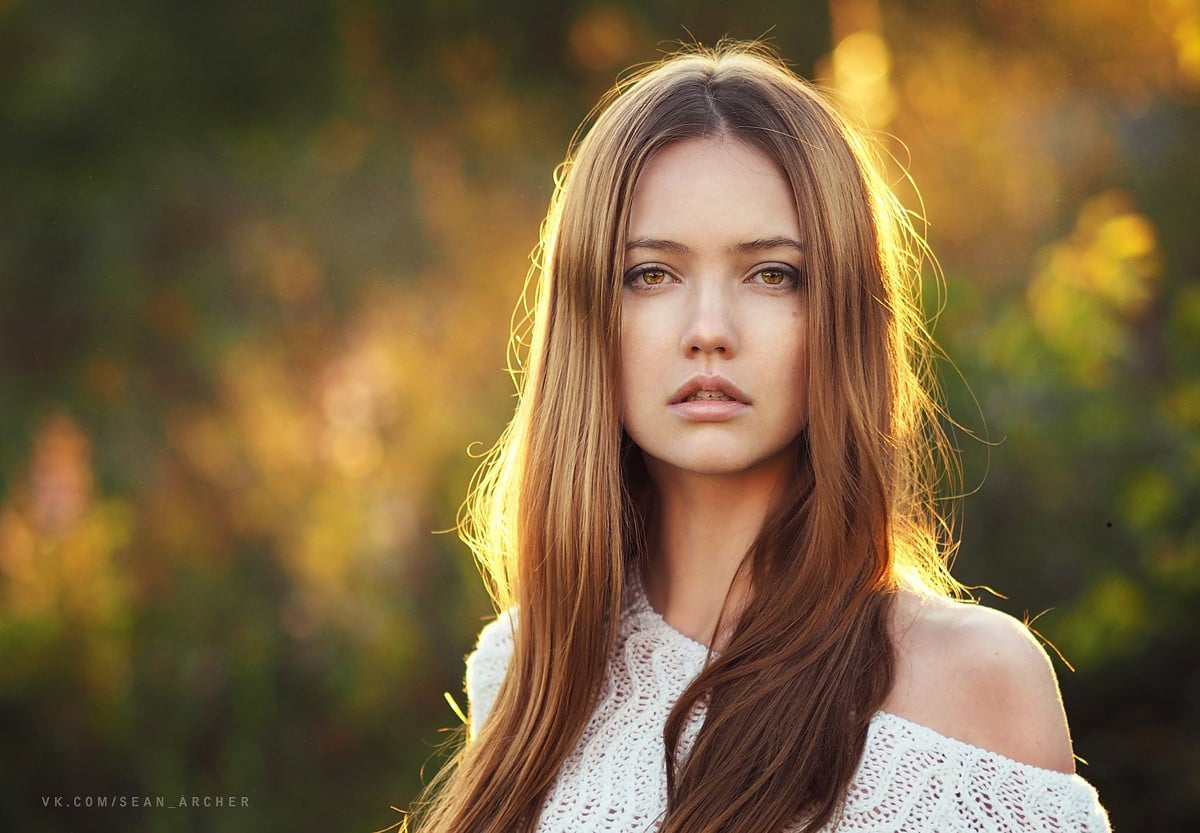 portrait, headshot, depth of field, blond hair, looking at viewer, beauty, Sean Archer, orange eyes, teenager, women, hairstyle, contemplation, Nadya, outdoors, HD Wallpaper