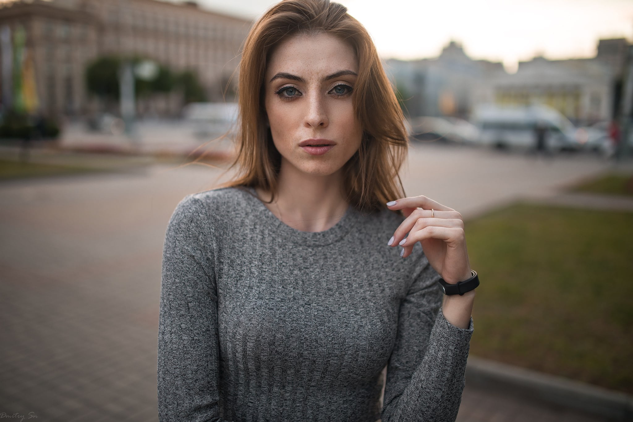 young women, real people, one person, focus on foreground, face, brown hair, lifestyles, 1080P, Dmitry Sn, urban, grey sweater, beautiful woman, Nadya, HD Wallpaper