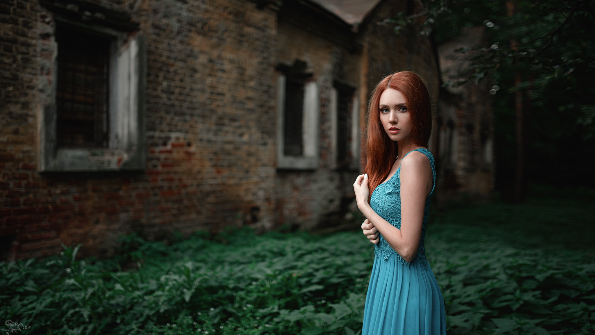 George Chernyadev, bokeh, blue, the building, Hope Niyazova, beautiful, foliage, girl, portrait, beauty, grass, Nadya, 1080P, red, grid, abandoned, dress, HD Wallpaper