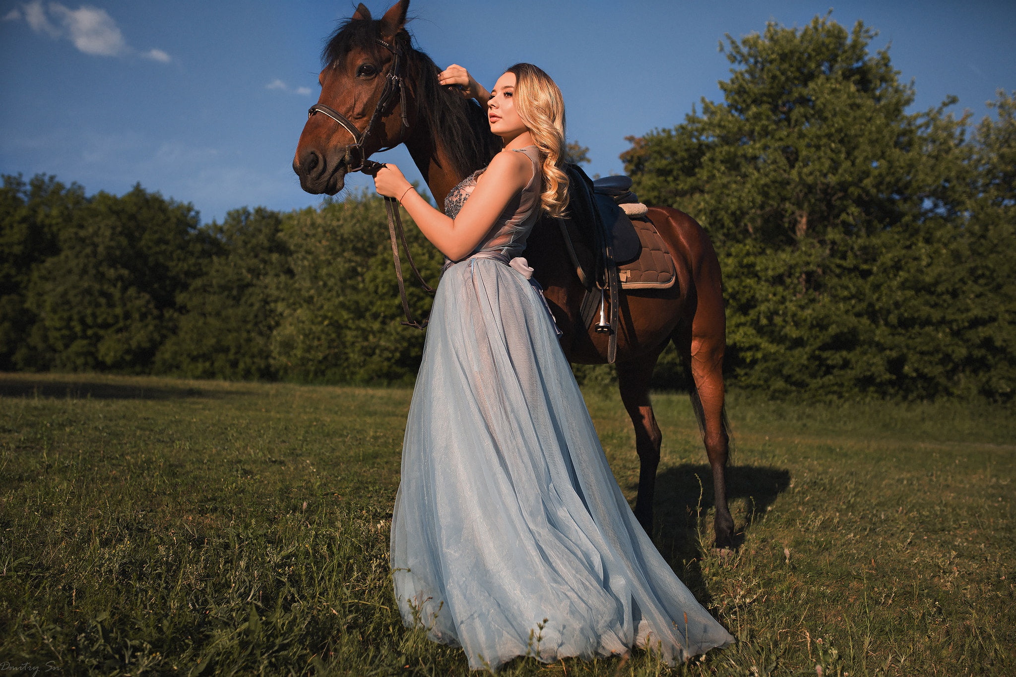 nature, lawn, beauty, hairstyle, blonde, 1080P, Nadya, dress, grass, greens, horse, Dmitry Sn, makeup, walk, the sun, trees, model, HD Wallpaper