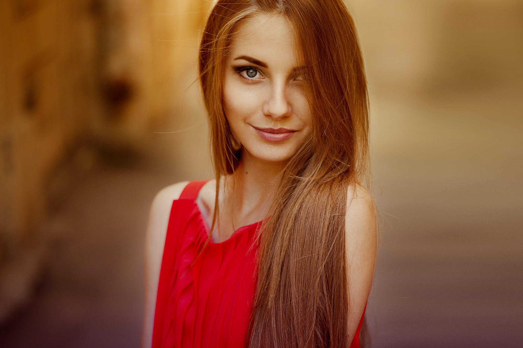 red, brown hair, contemplation, human face, beautiful people, one person, young women, long hair, smiling, beautiful woman, sleeveless, 1080P, neck, natural light, HD Wallpaper