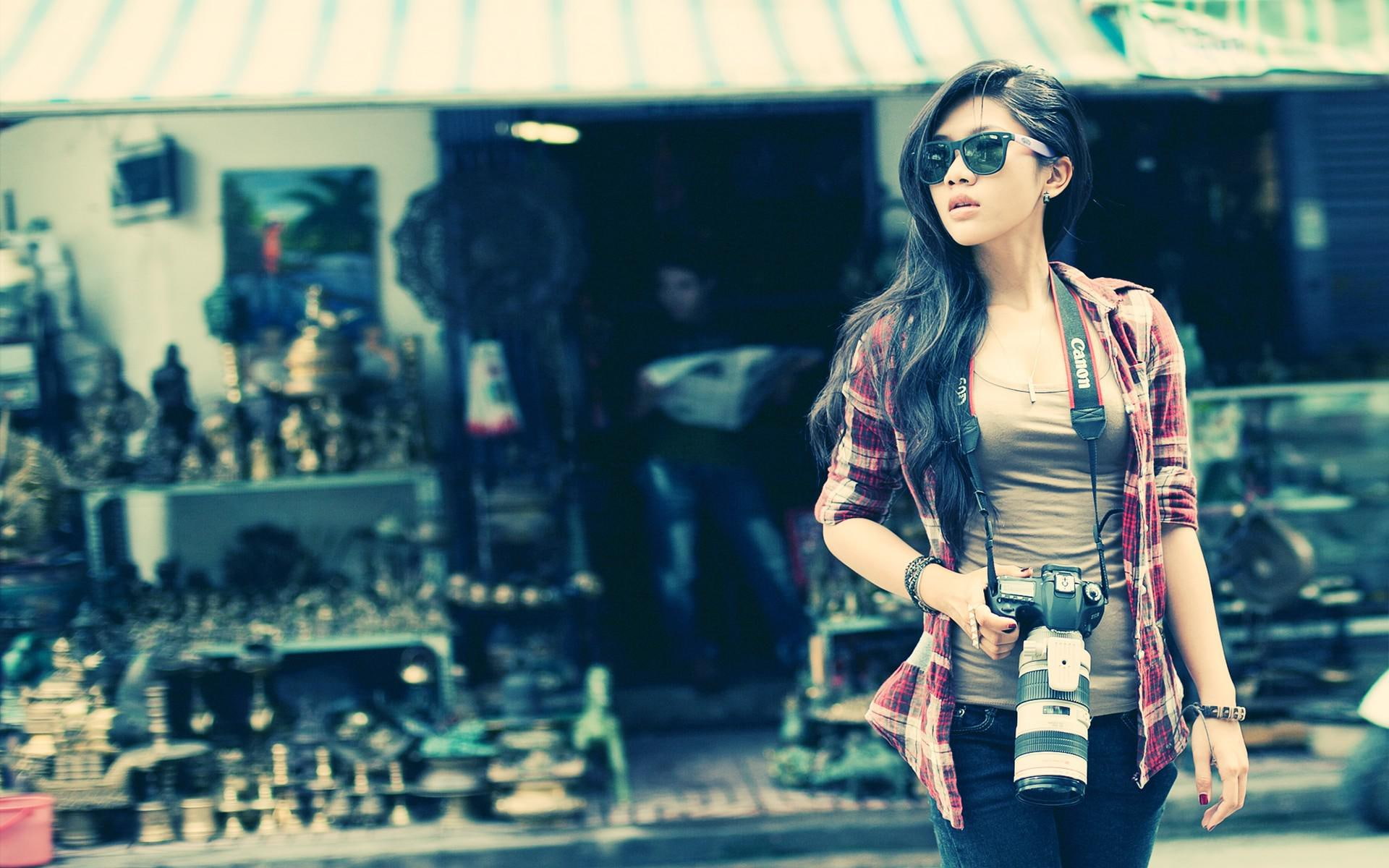 cardigan, camera, grey, tank, s, woman, canon, 1080P, women, asian, photography, girl, 1920x1200, top, HD Wallpaper