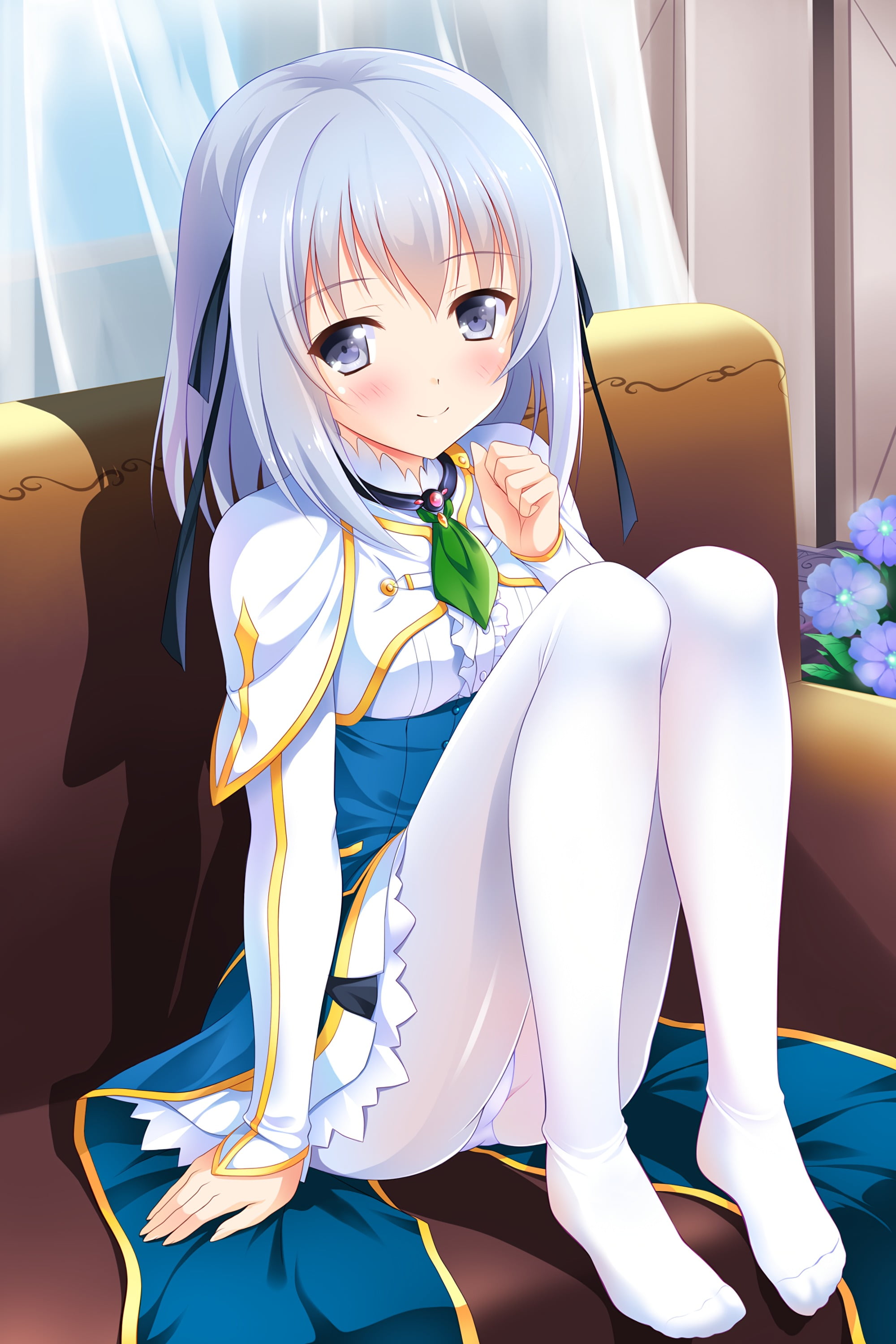 childhood, women, long hair, sitting, females, blue hair, emotion, looking at camera, indoors, Airi Arcadia, representation, smiling, cute, offspring, anime, Phone HD Wallpaper