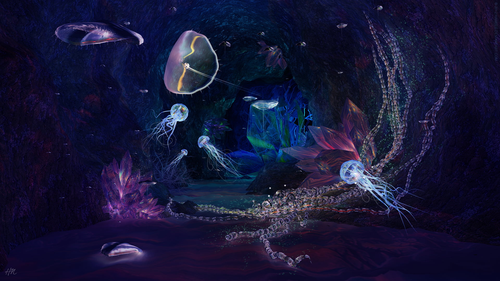 artwork, animal themes, marine, swimming, animals in the wild, purple, cave, 1080P, sea life, underwater, invertebrate, animal wildlife, animal, no people, HD Wallpaper
