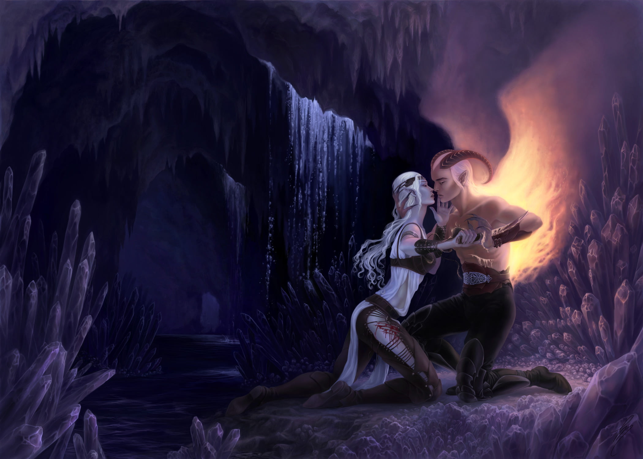 men, a couple in love, rock, long hair, indoors, flowing, the demon, girl, flame, guy, fire - Natural Phenomenon, abstract, illustration, gray hair, fire, HD Wallpaper