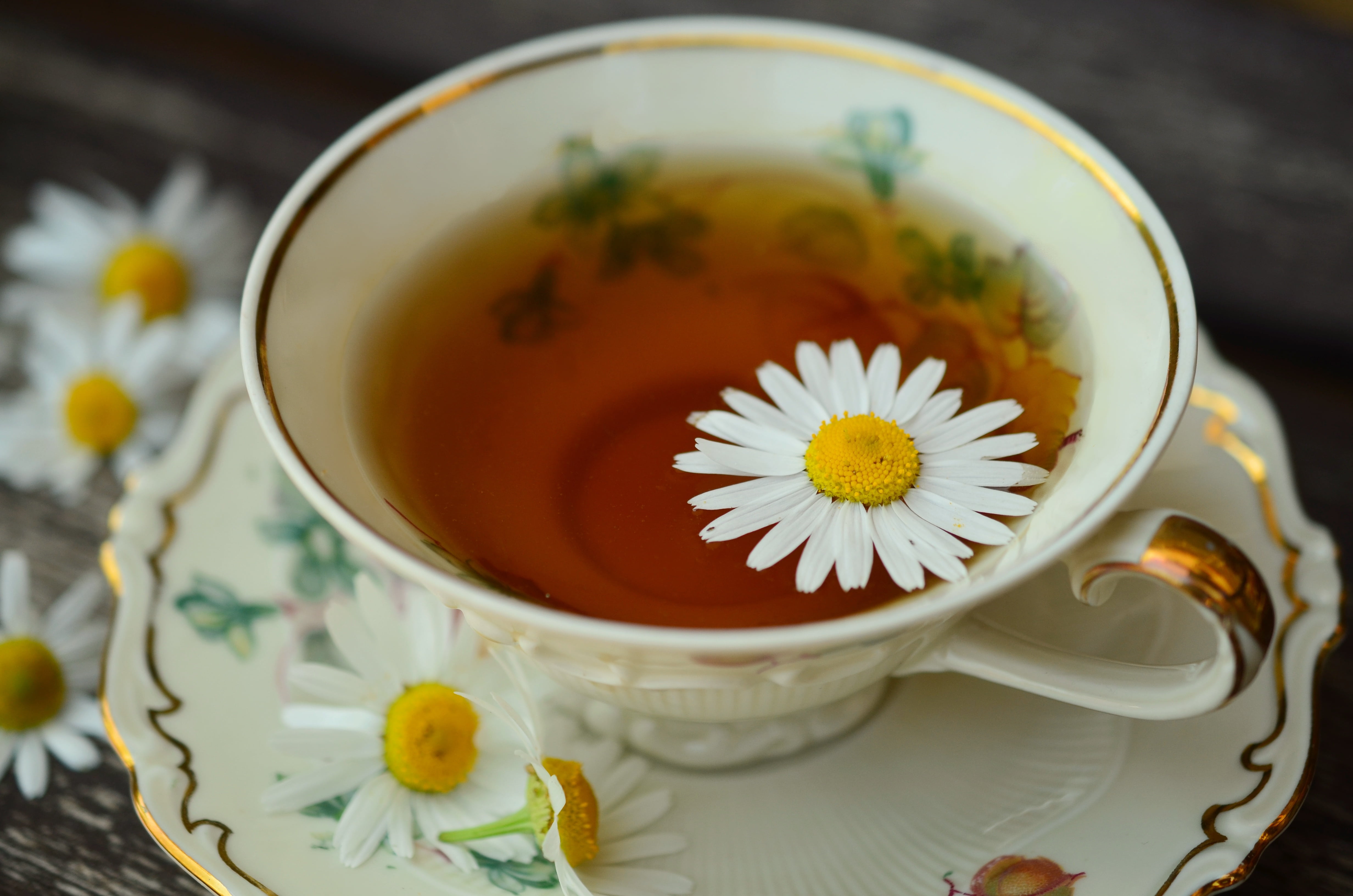 freshness, close-up, heat - Temperature, gold, indoors, medicinal herbs, cup, herbal medicine, crockery, gold edge, 4K, tea - Hot Drink, healthy, flower, HD Wallpaper