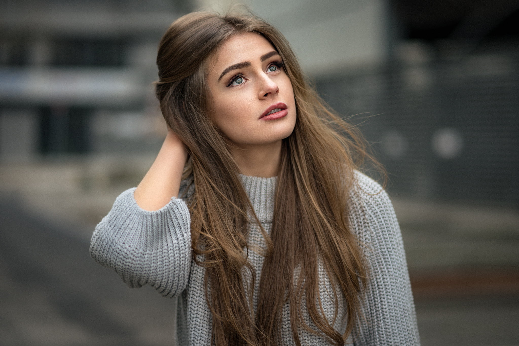 warm clothing, portrait, Anna, hair, young women, long hair, grey sweater, sweater, beautiful people, beauty, casual clothing, women, hands on head, face, HD Wallpaper