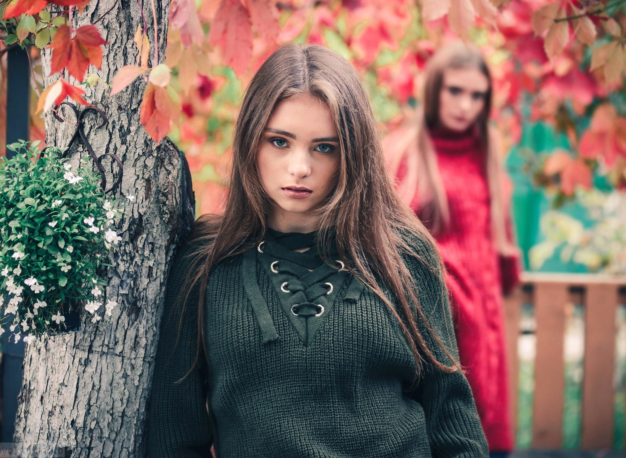 front view, waist up, standing, blue eyes, one person, young women, hair, beautiful woman, grey sweater, teenager, focus on foreground, women, contemplation, HD Wallpaper