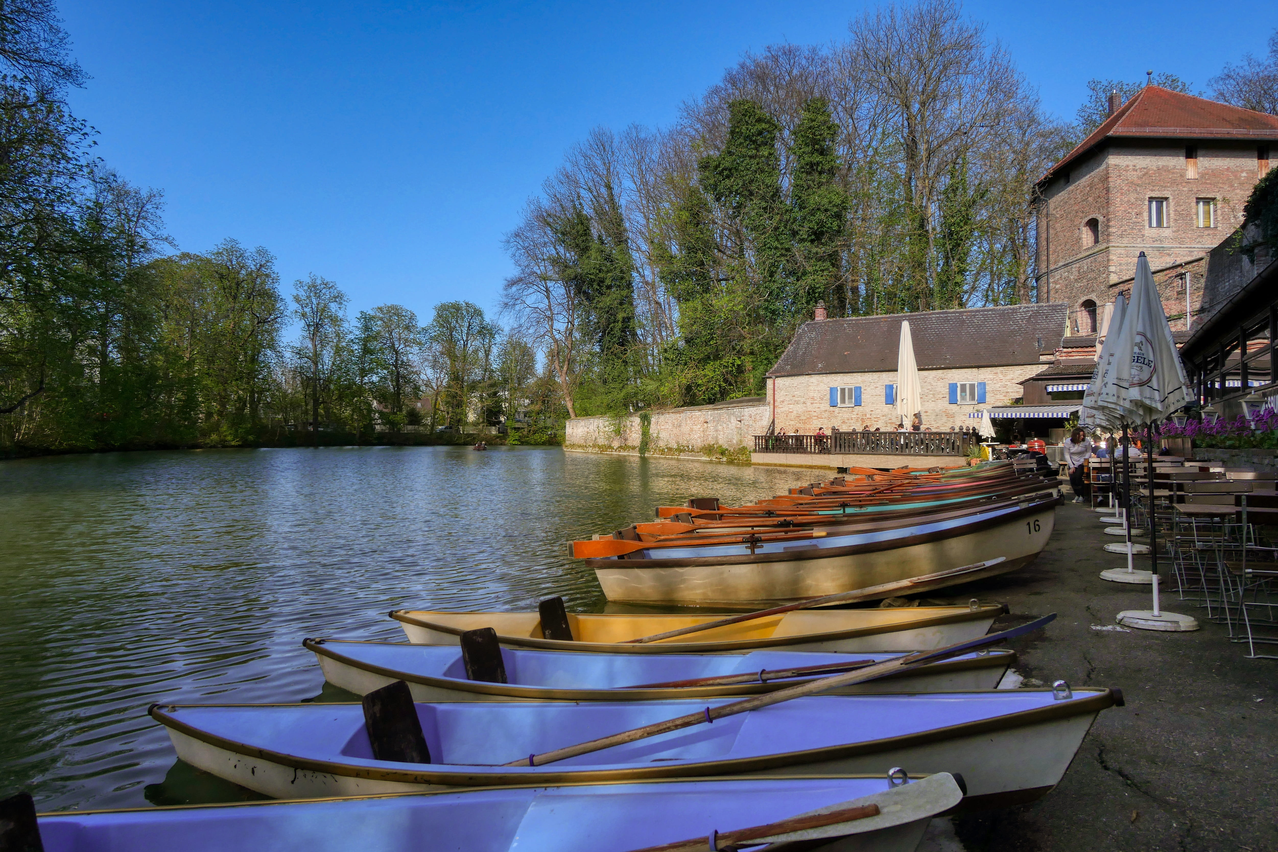 mode of transportation, 4K, idyll, architecture, sky, tree, clear sky, no people, building exterior, nautical vessel, tourism, day, augsburg, water, nature, HD Wallpaper