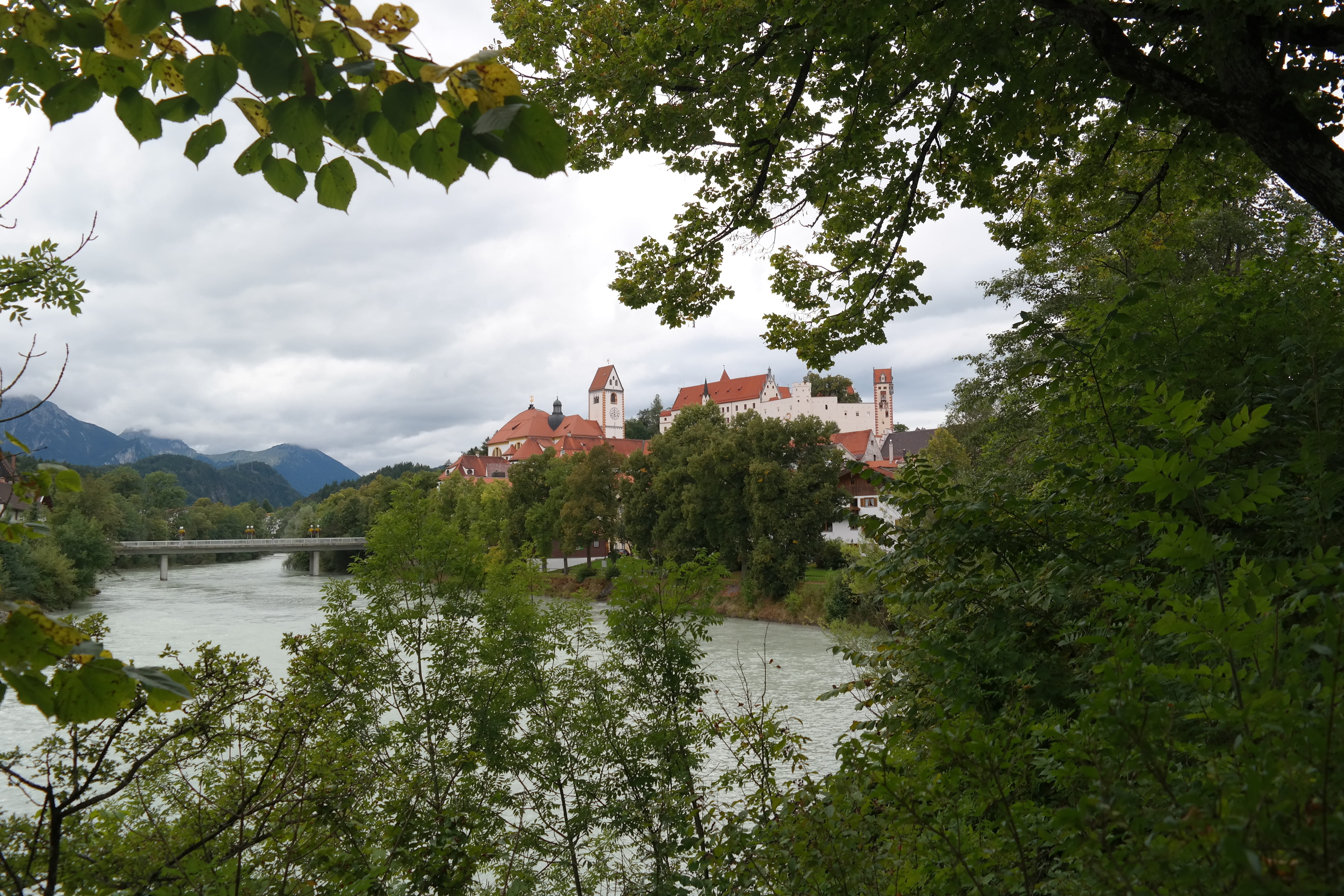 castle, medieval, sky, outdoors, green color, st mang abbey, built structure, beauty in nature, building, tree, day, high castle, river, building exterior, HD Wallpaper