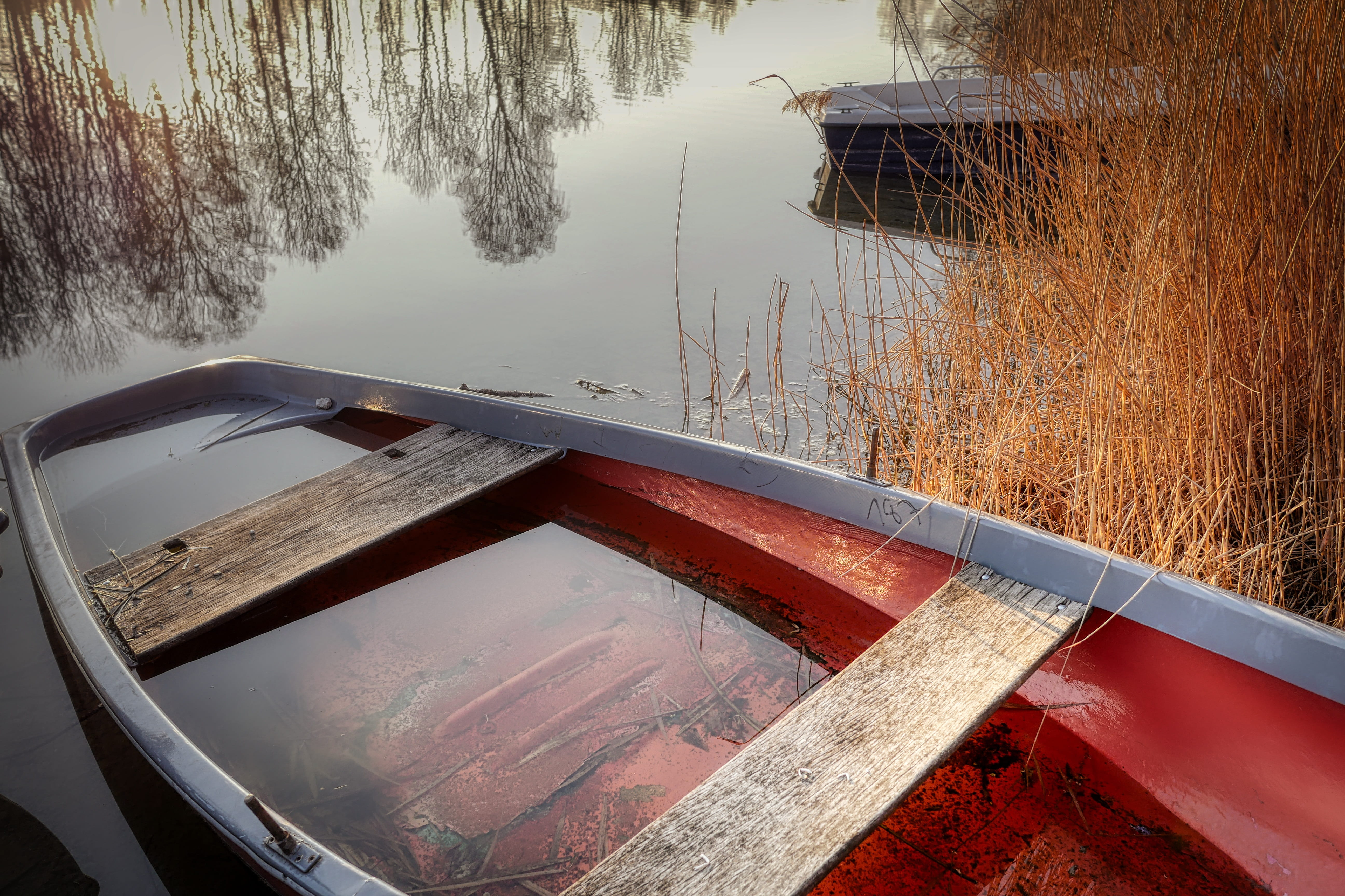 bank, rowboat, mode of transportation, reflection, tranquil scene, waters, landscape, non-urban scene, abendstimmung, scenics - nature, kuhsee, nautical vessel, HD Wallpaper