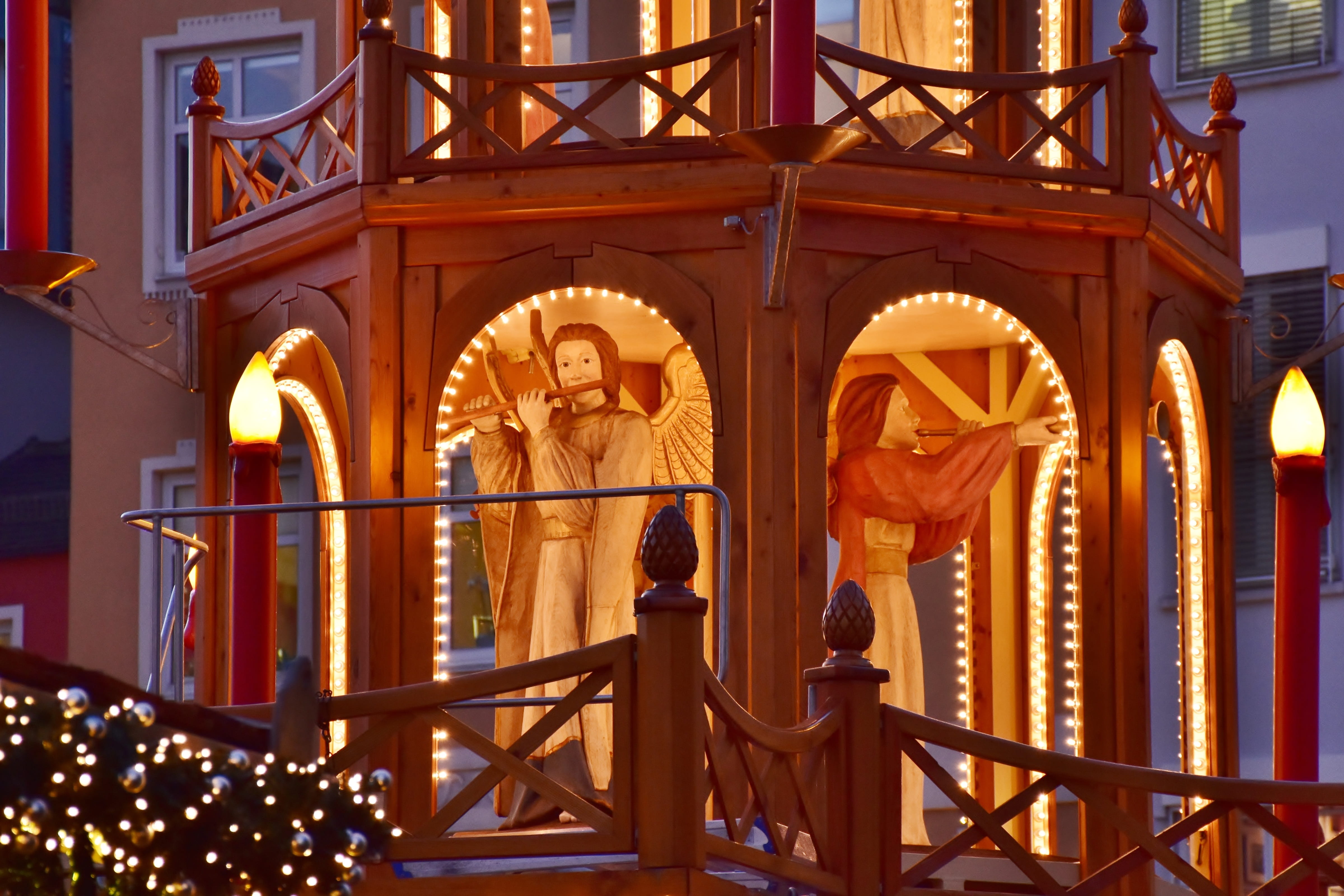 wood - material, lights, inside, railing, place of worship, low angle view, lighting equipment, wooden, metal, bavaria, christmas pyramid, spirituality, HD Wallpaper