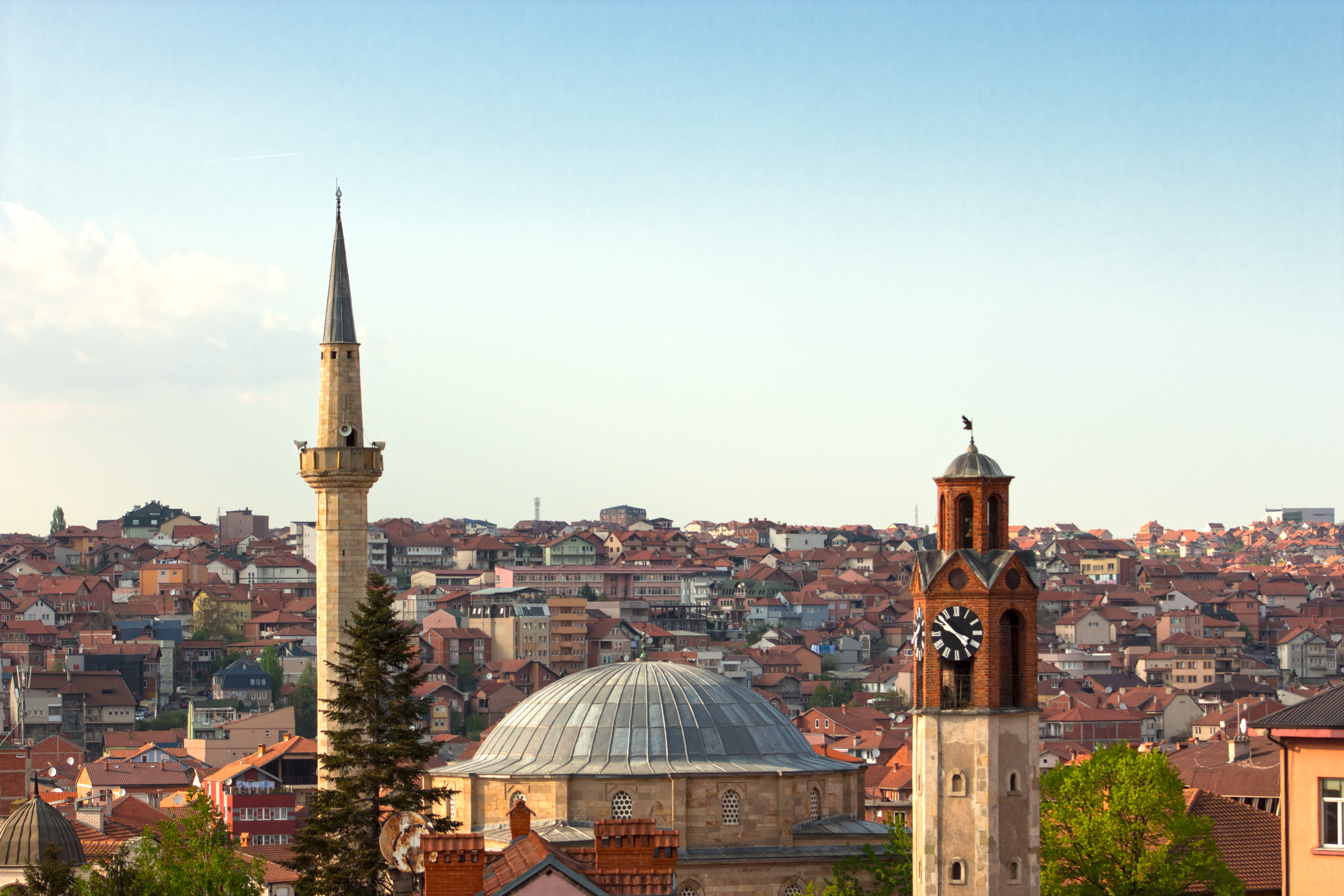 sun, travel destinations, mezquita, belief, spring, building, adhan, built structure, kosovo, travel, nature, minaret, city, pristina, mosque, architecture, HD Wallpaper