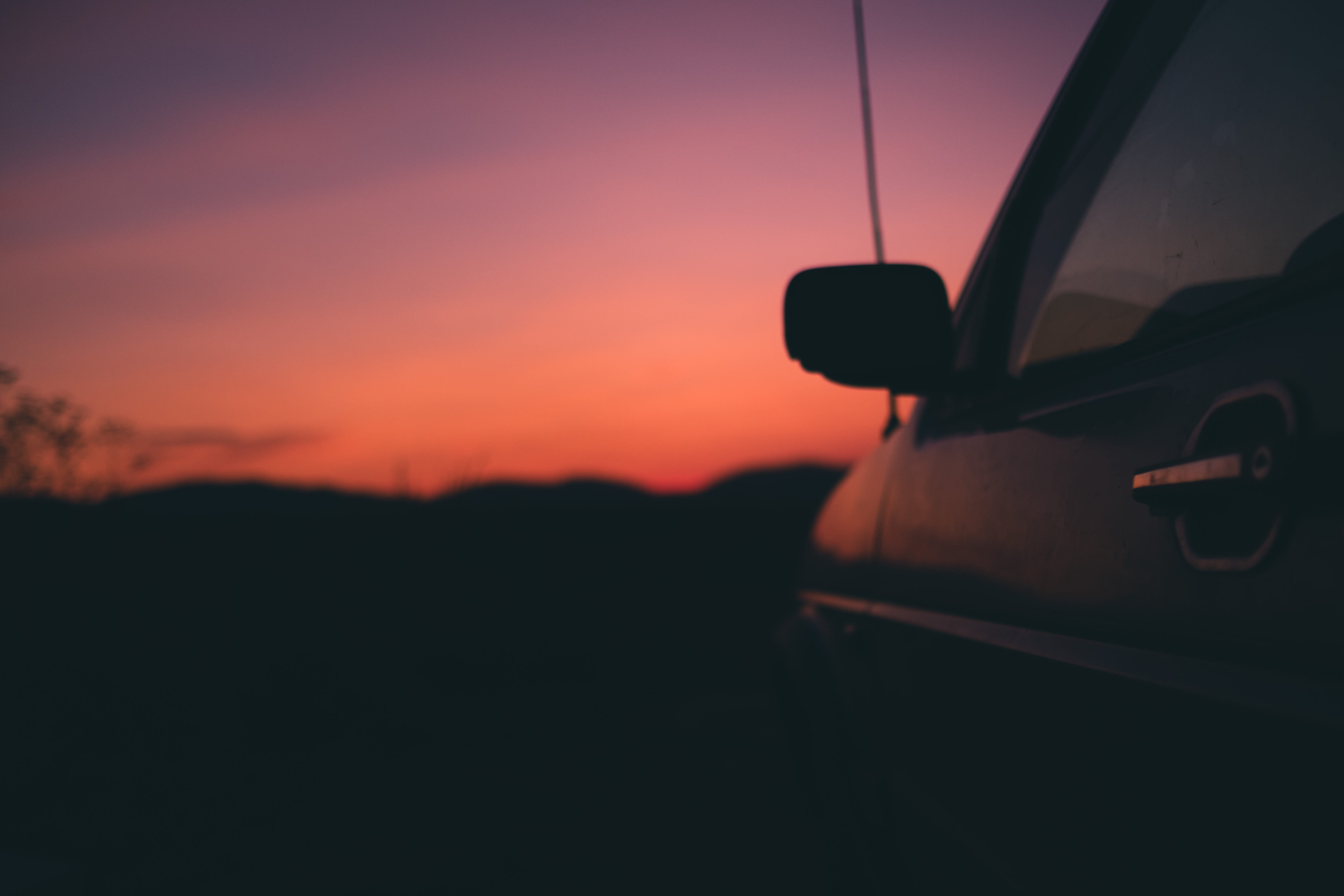 orange color, land vehicle, outdoors, on the move, car, reflection, motor vehicle, no people, orange, black, sky, window, horizon, silhouette, door, dusk, HD Wallpaper