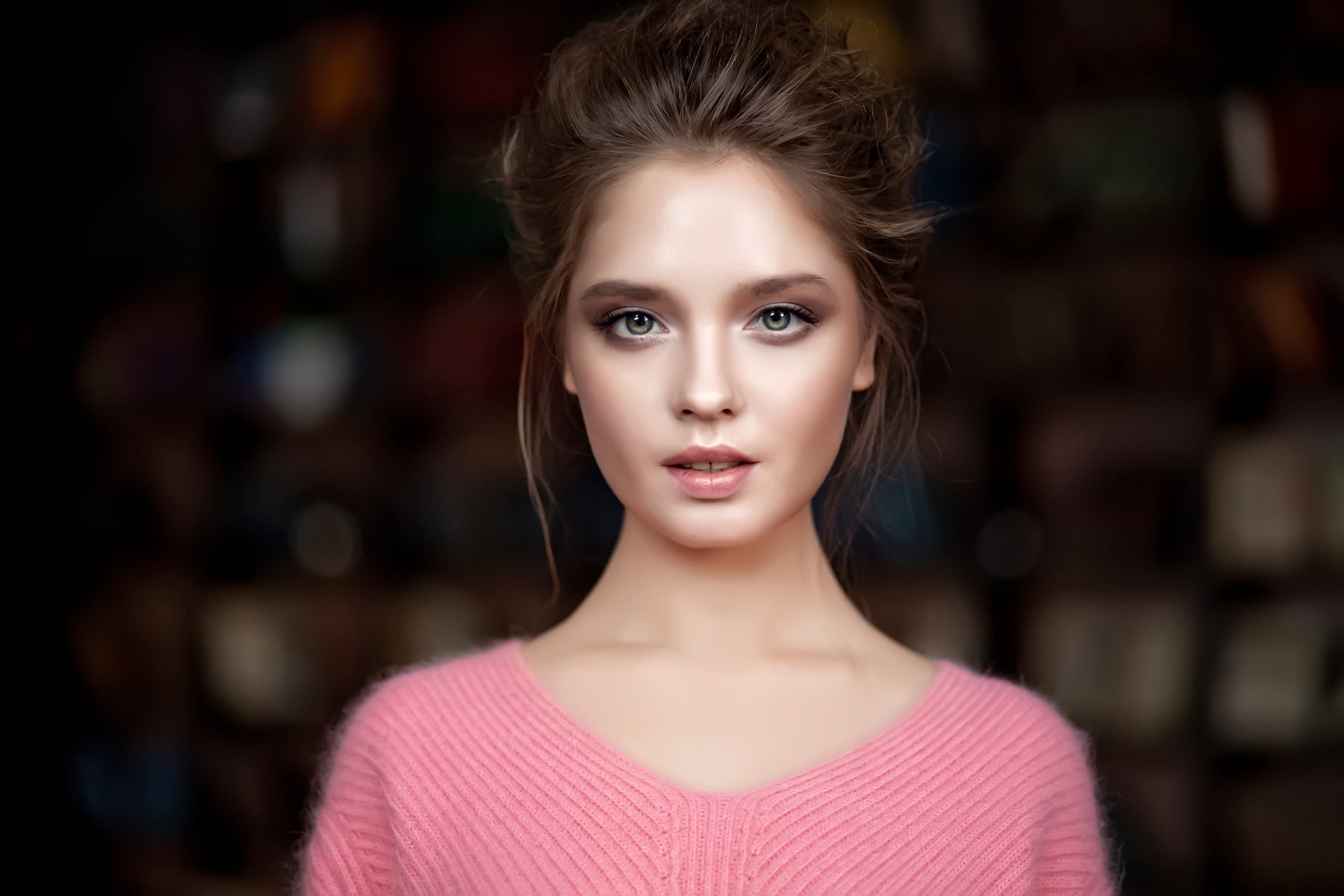 depth of field, 720P, pink sweater, portrait, brunette, Katya Kotaro, women, face, green eyes, HD Wallpaper