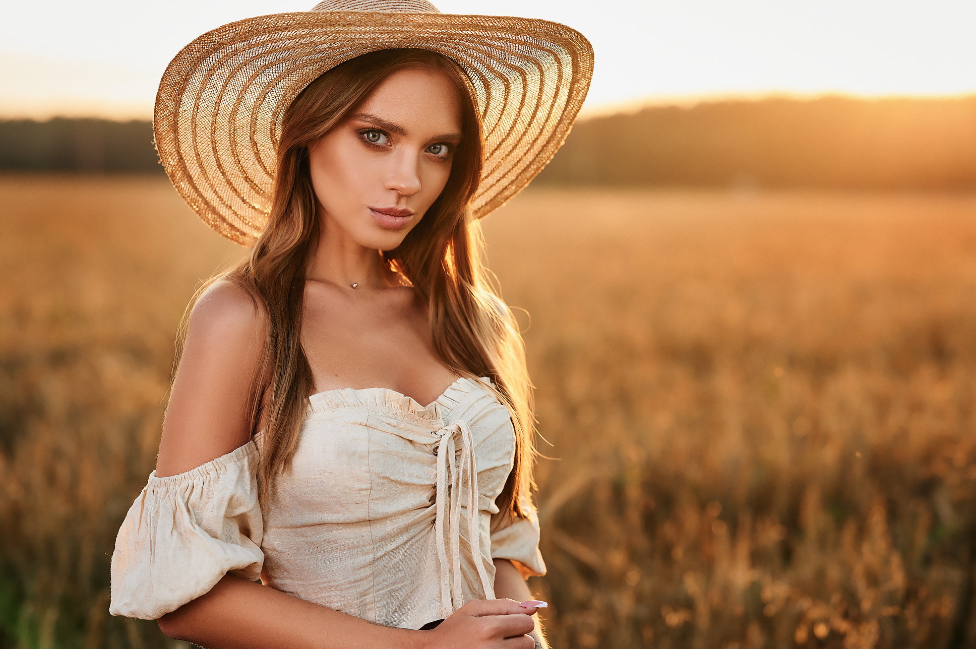 white clothing, hat, straw hat, Sergey Yakubitskiy, sunlight, women, field, straight hair, brunette, 1080P, Katya Kotaro, long hair, makeup, bare shoulders, HD Wallpaper