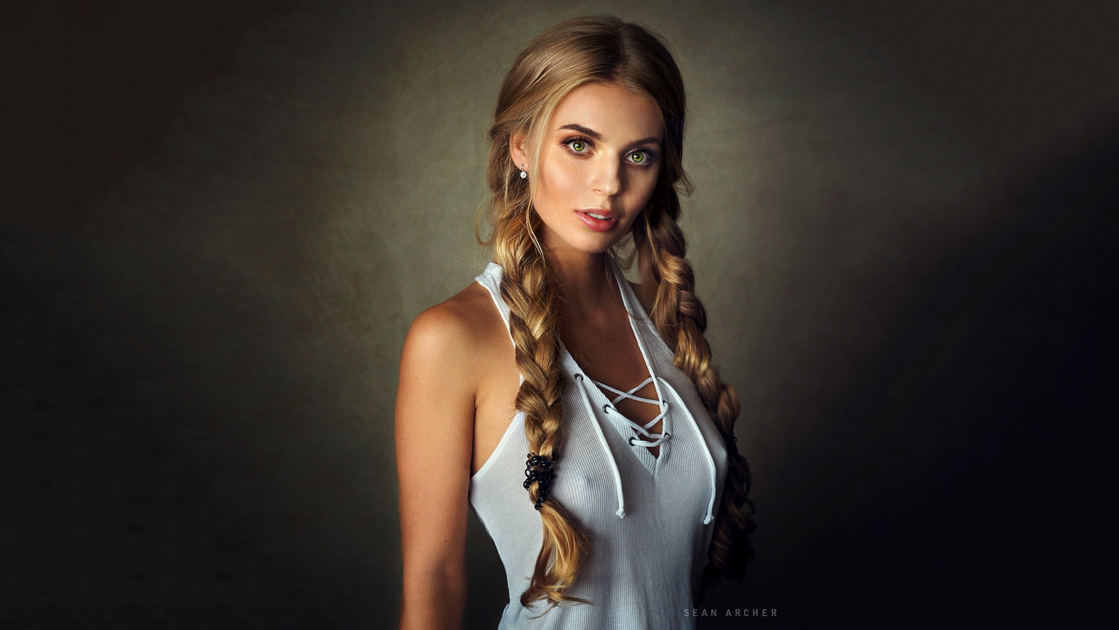 braids, model, Sean Archer, simple background, pigtails, no bra, 500px, 1080P, nipples through clothing, makeup, green eyes, women, portrait, Katya Kotaro, HD Wallpaper