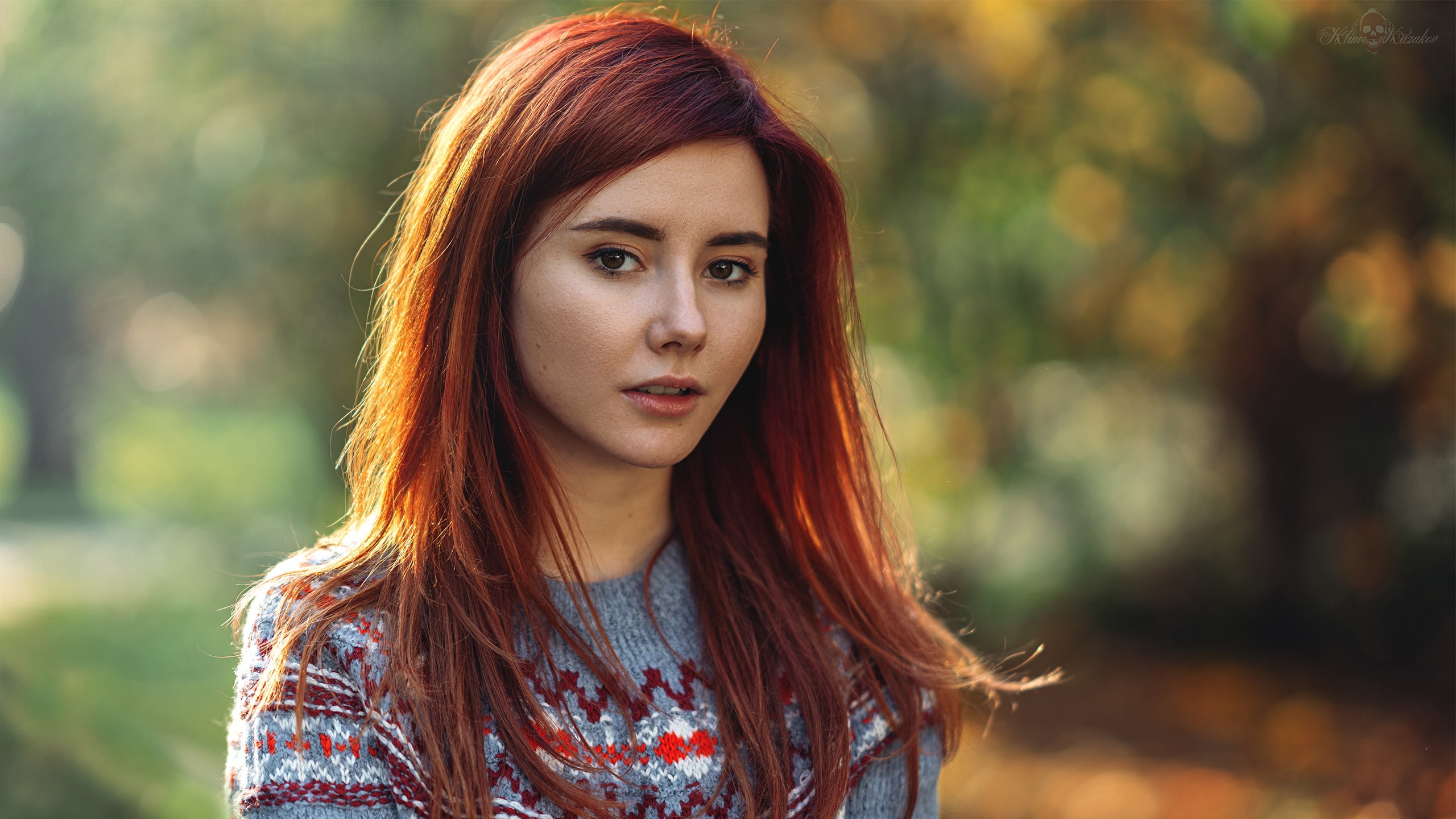 open mouth, model, women, 2K, brown eyes, sweater, women outdoors, portrait, redhead, bokeh, long hair, HD Wallpaper