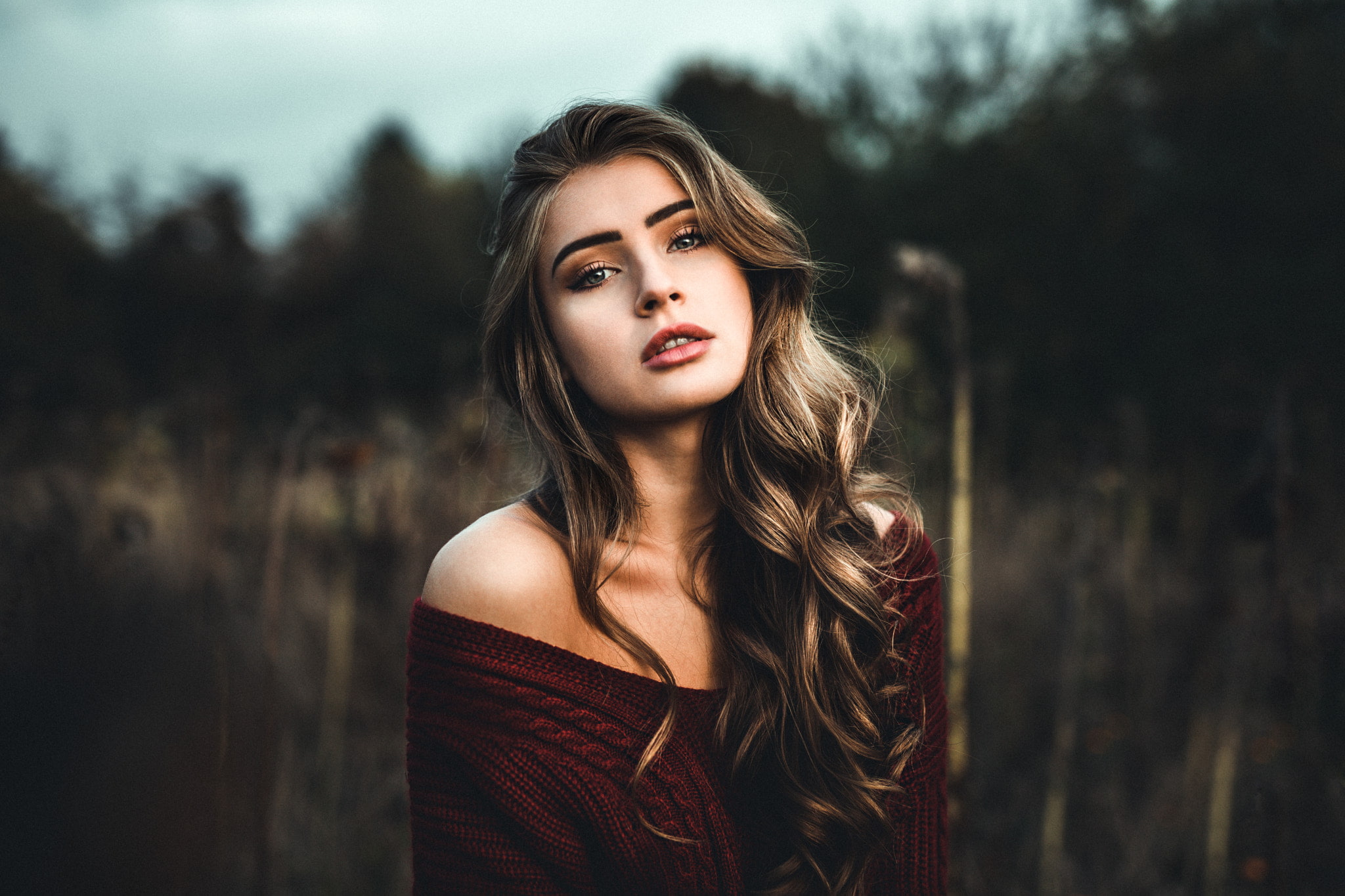 blonde, 1080P, women outdoors, portrait, bare shoulders, red sweater, open mouth, pale, women, HD Wallpaper