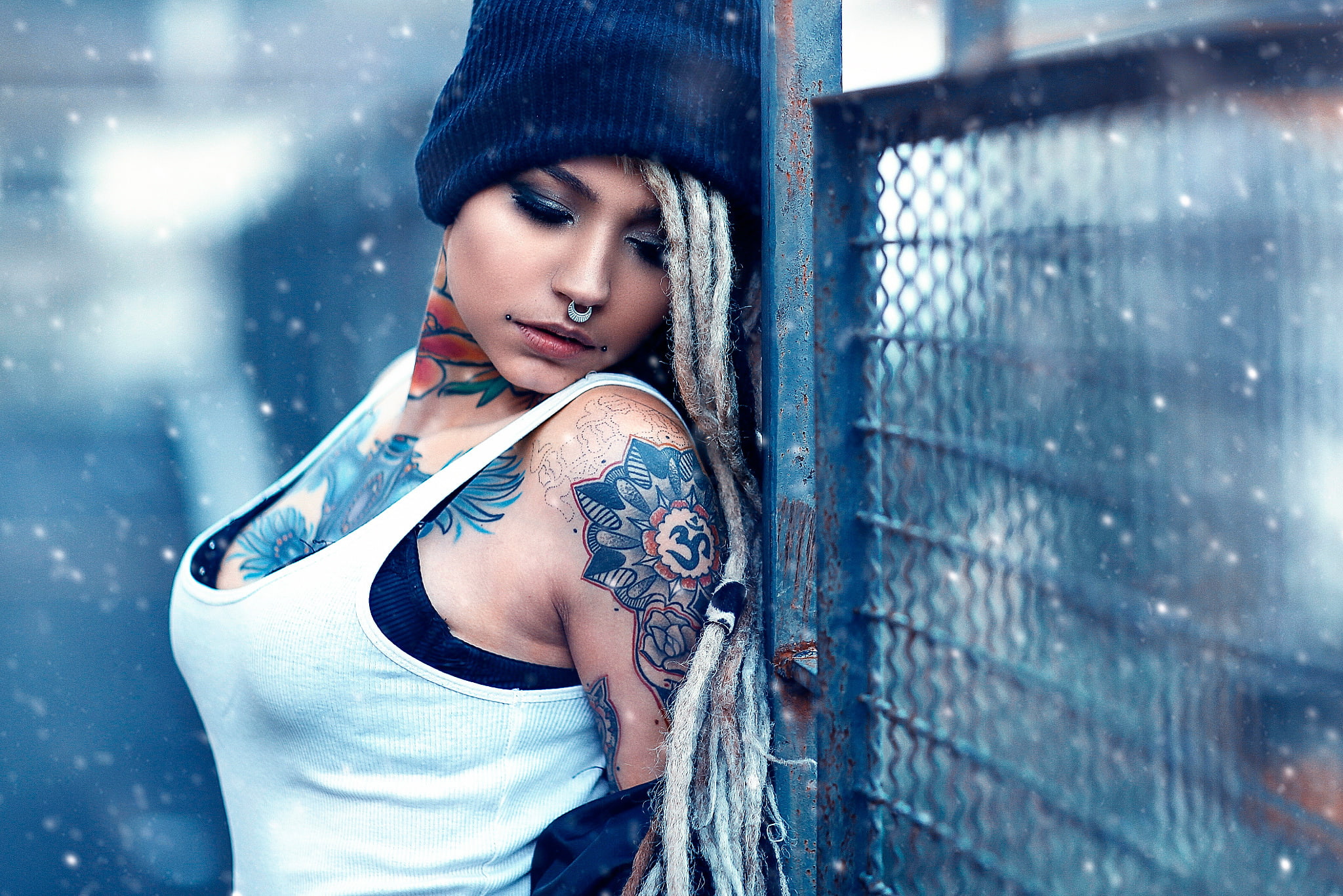 clothing, Alessandro Di Cicco, fashion, beautiful woman, snowing, women, piercing, winter, hat, beautiful people, young women, tattoo, human face, one person, HD Wallpaper