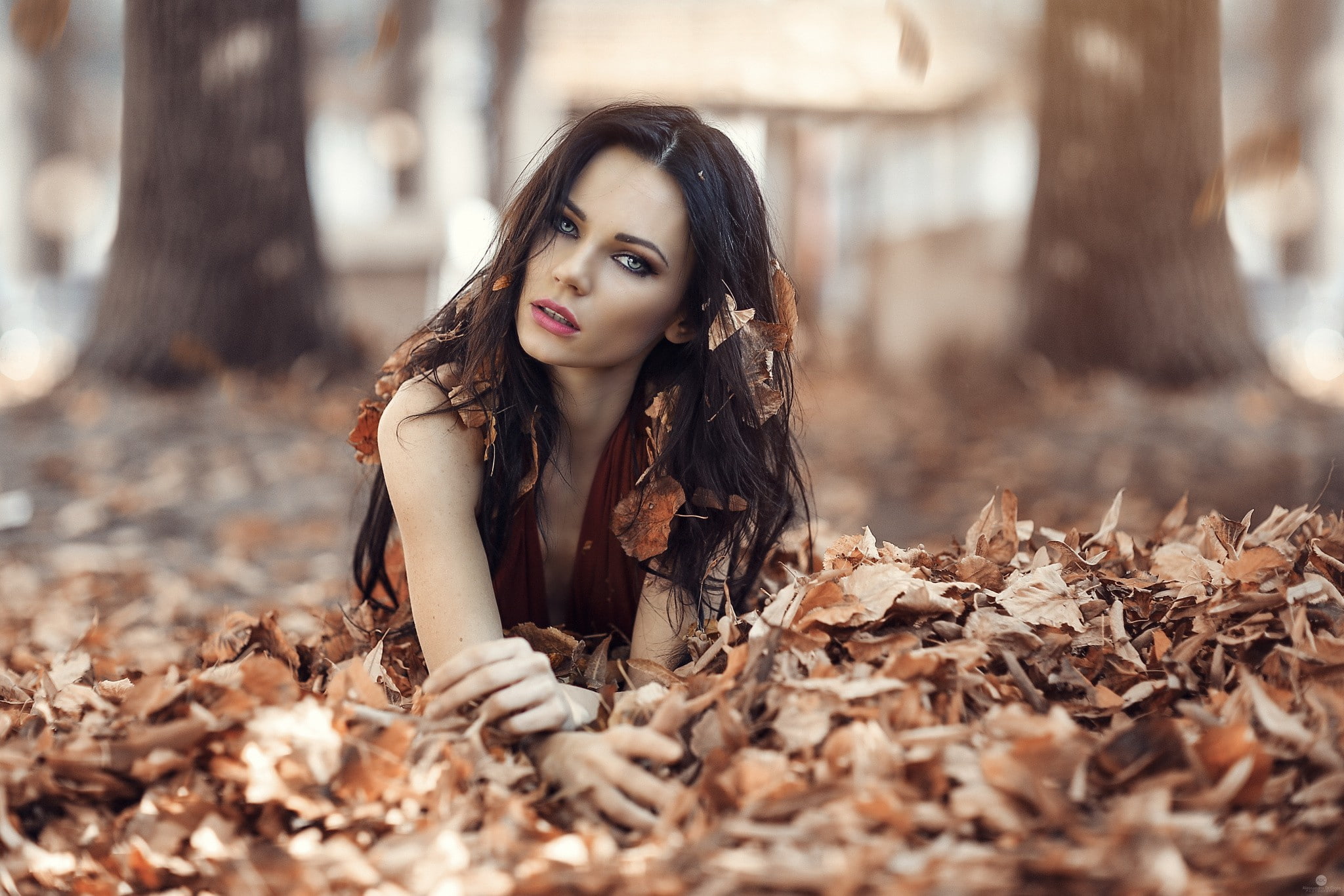 teenager, nature, adult, beautiful woman, portrait, outdoors, Alessandro Di Cicco, dry, one person, red, photography, 1080P, brown hair, women, beautiful people, HD Wallpaper