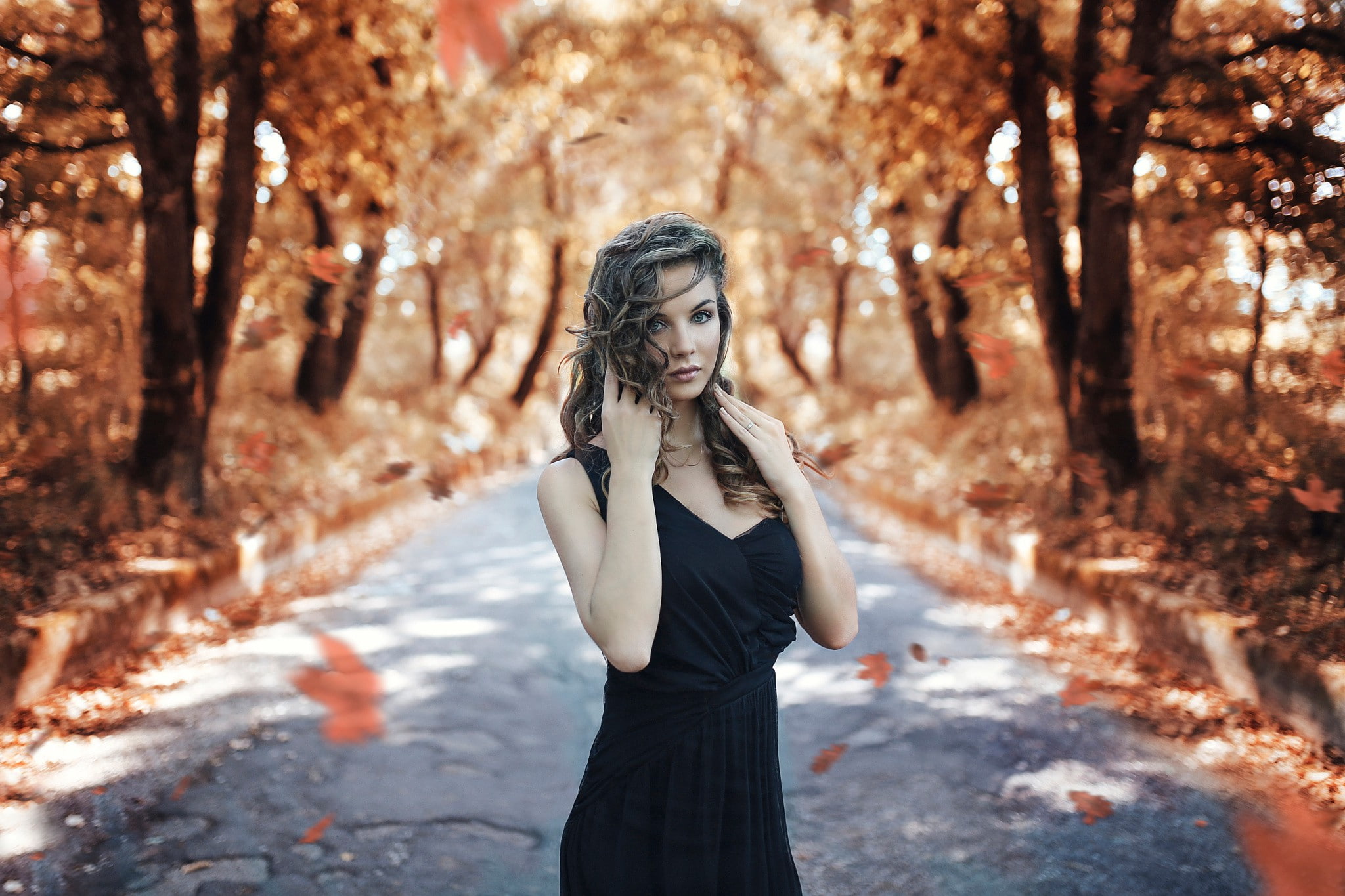 one, s, the girl, 1080P, the road, dress, black, Autumn, Alessandro Di Cicco, v, girl, shoulder, women, tank, Road, HD Wallpaper