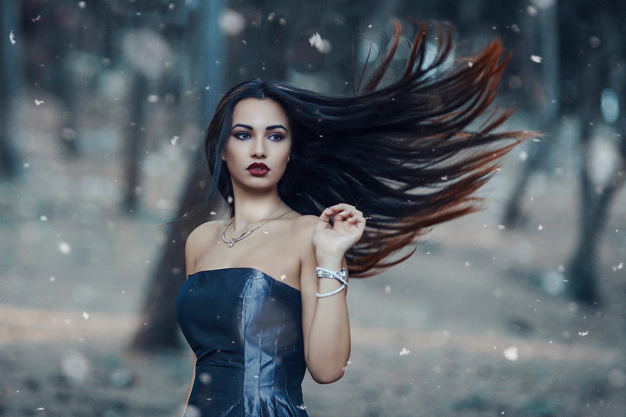 adult, lifestyles, hair, young adult, top, black, strapless, snowing, the wind, The cold woods, makeup, front view, hairstyle, portrait, fashion, s, make-up, HD Wallpaper