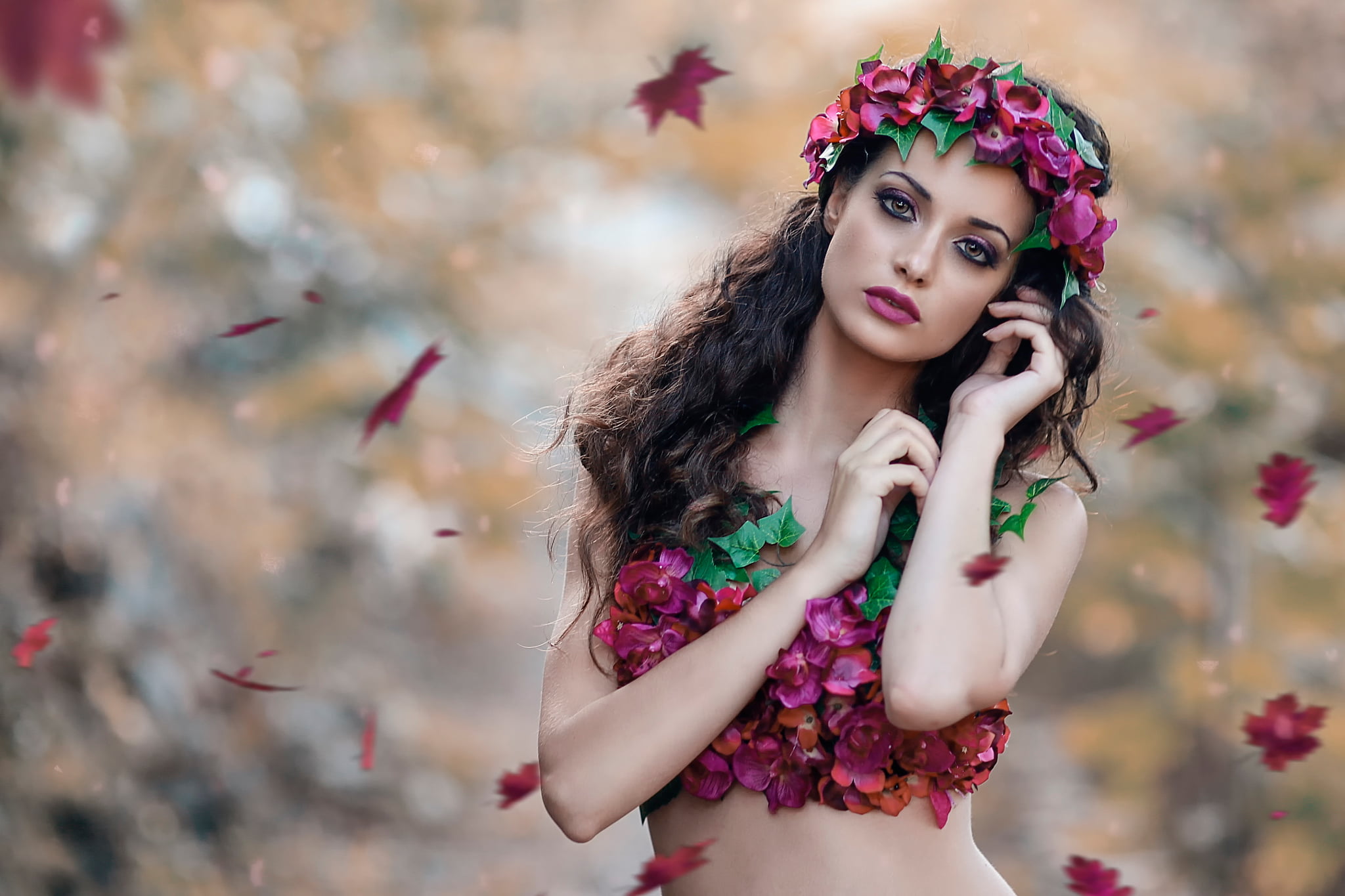 autumn, front view, hair, nature, beauty, Alessandro Di Cicco, women, young women, flowering plant, beautiful woman, plant, one person, hairstyle, girl, HD Wallpaper
