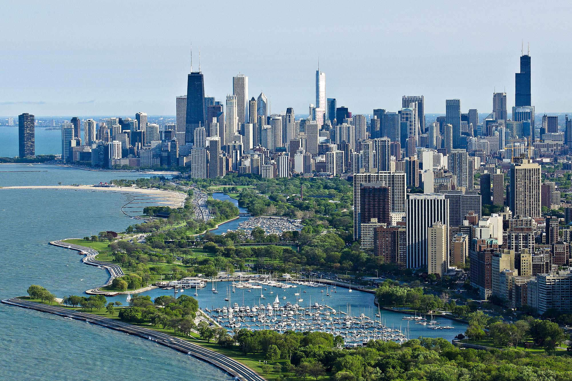 top, view, top view, skyscrapers, chicago, ocean, 1080P, HD Wallpaper