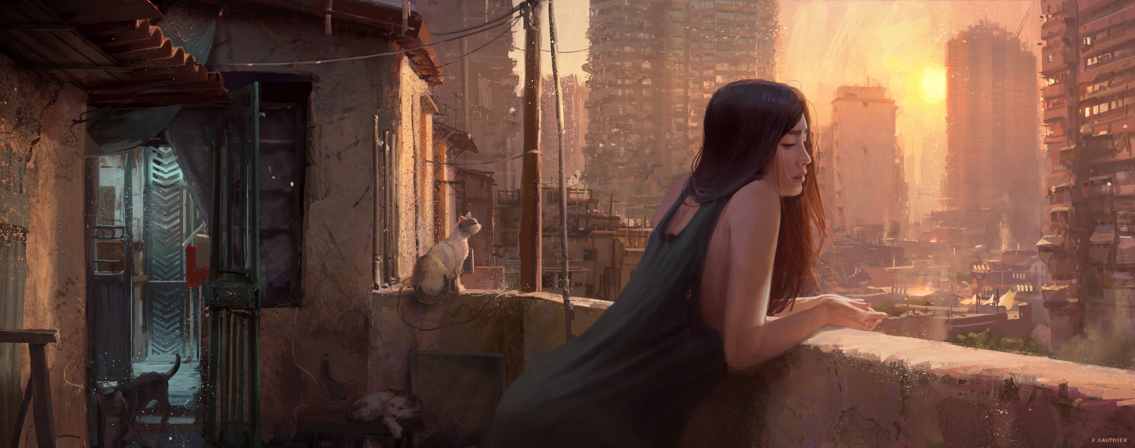 ArtStation, cats, women, Asian, sunset, long hair, digital art, standing, orange sky, artwork, city, tank top, looking below, 4K, Sun, balcony, brunette, HD Wallpaper