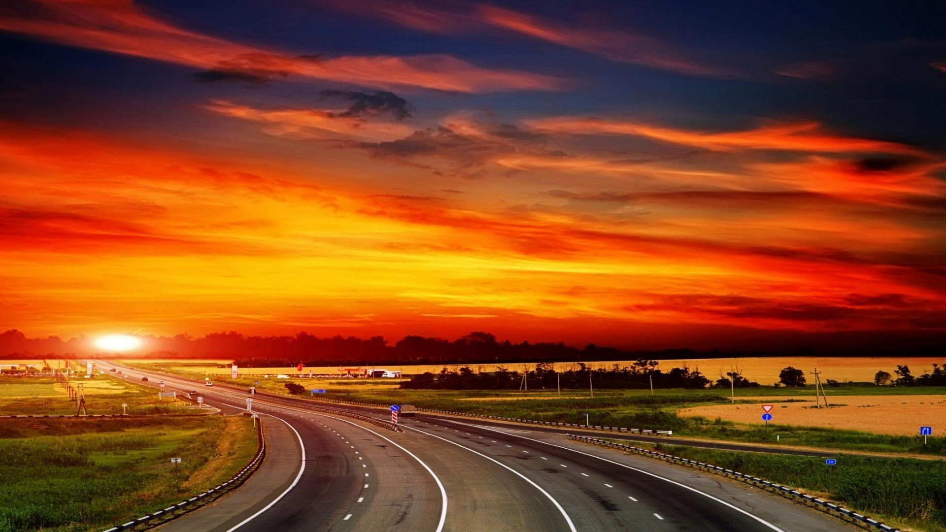 top, highway, road, nature and landscapes, 1080P, clouds, grey, sunset, HD Wallpaper