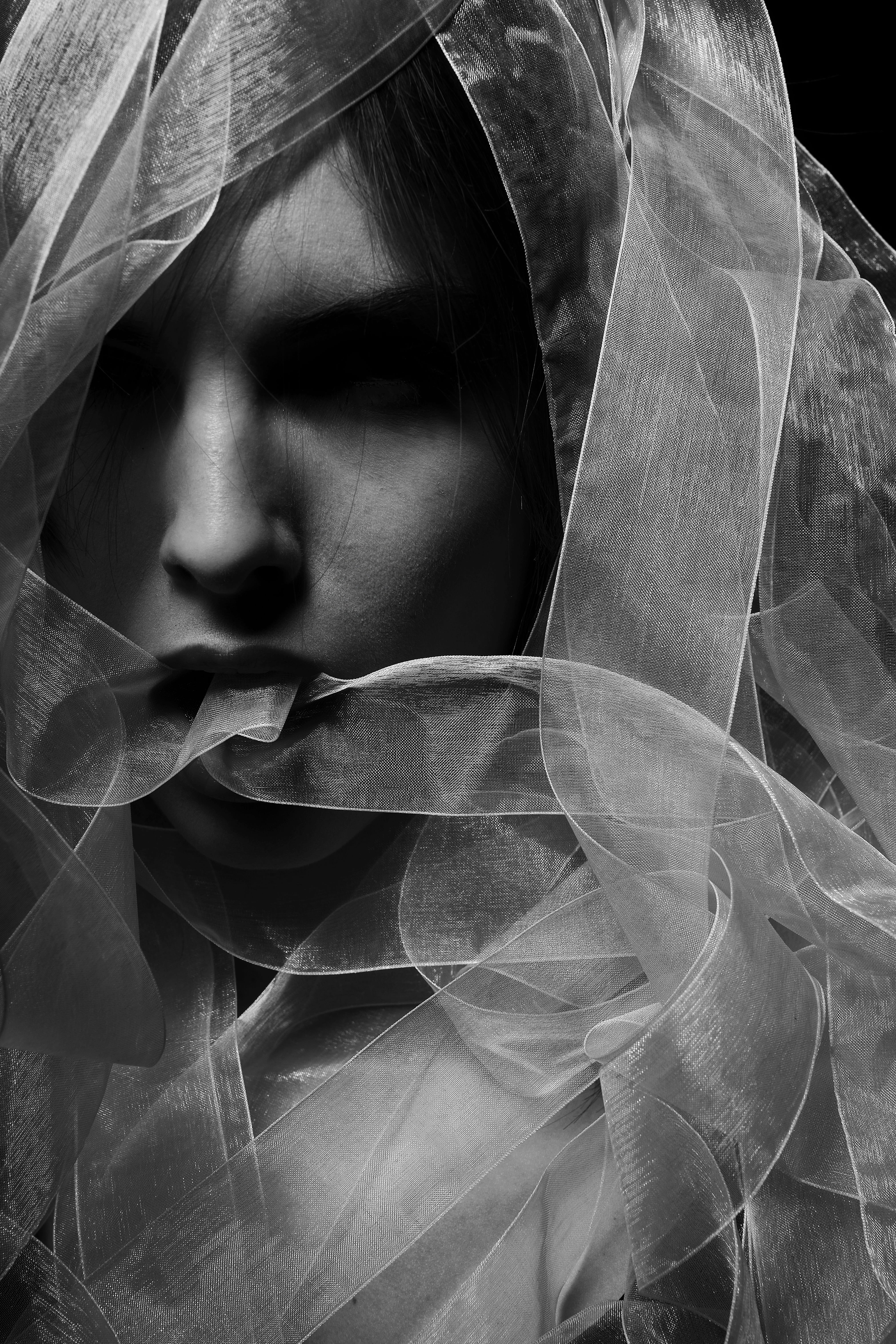 dark, grayscale, young adult, veil, portrait, contemplation, females, look, looking, real people, female, skin, young, headshot, hairstyle, costume, blur, Phone HD Wallpaper