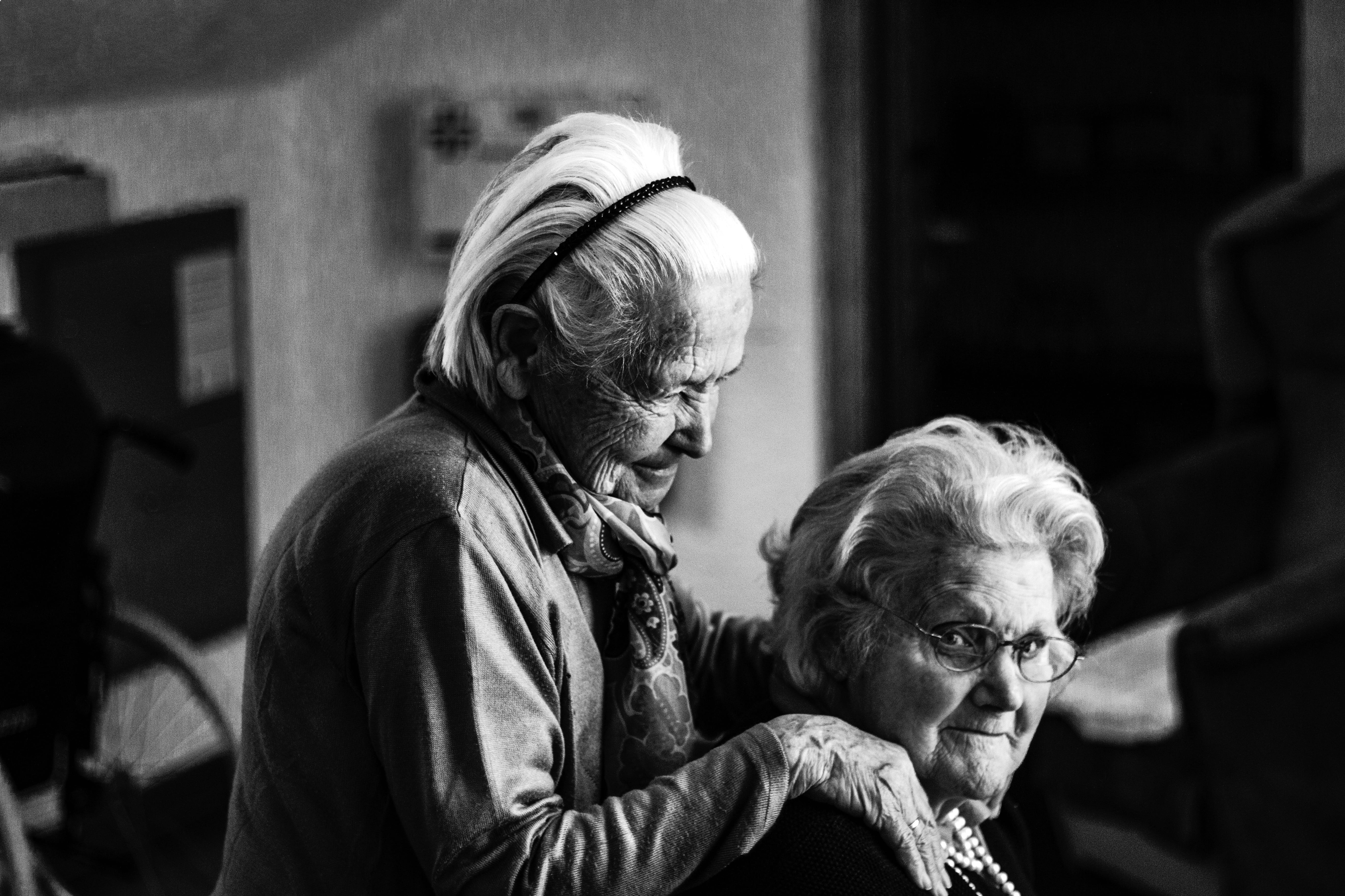 portrait, friend, togetherness, people, focus on foreground, emotion, grandmother, bonding, old, photography, grayscale, 5K, black and white, adult, lifestyles, HD Wallpaper