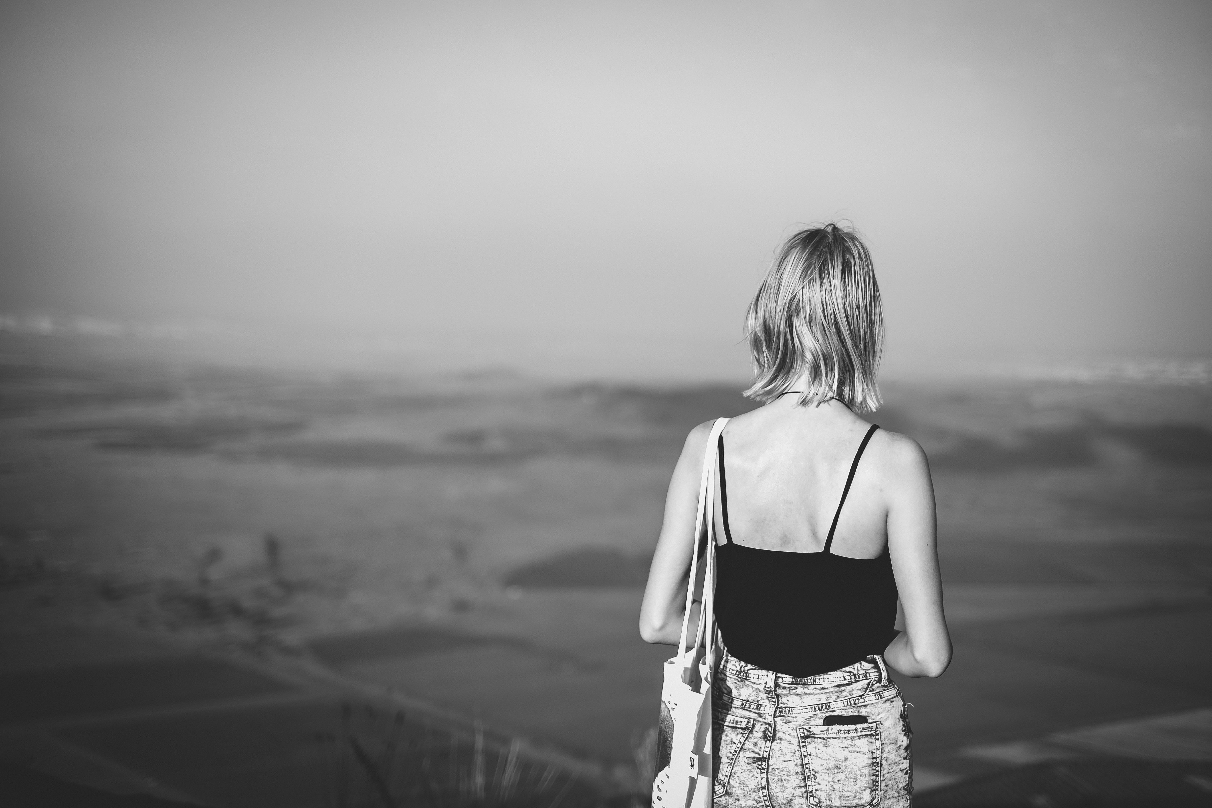 adult, faceless, back, waist up, one person, golan heights, women, nature, standing, human, rear view, female, monochrome, person, three quarter length, HD Wallpaper