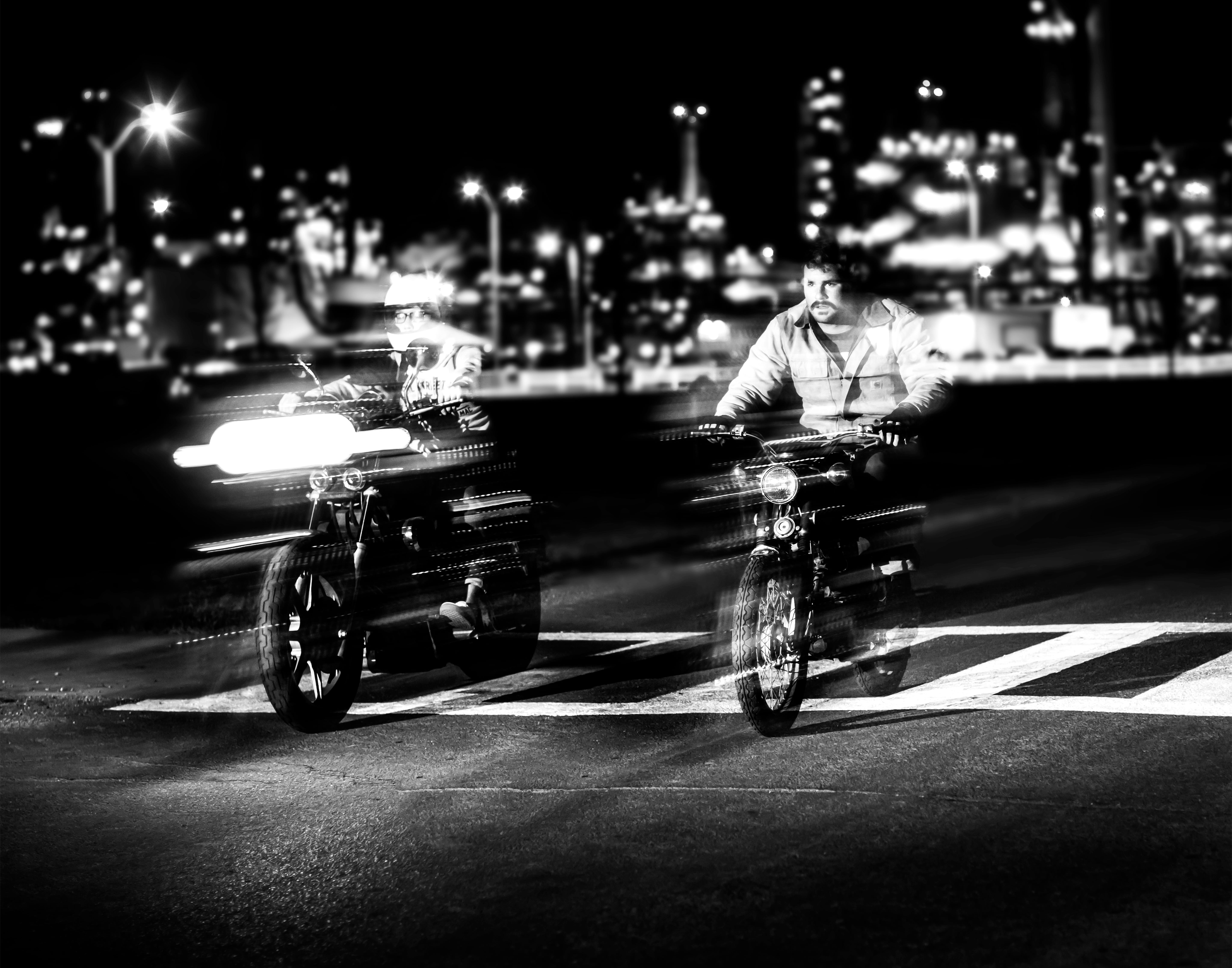 pedestrian, motorcycle, traffic, illuminated, men, grayscale, city street, city Life, lapse, full length, rear view, black And White, urban Scene, mode of Transport, HD Wallpaper